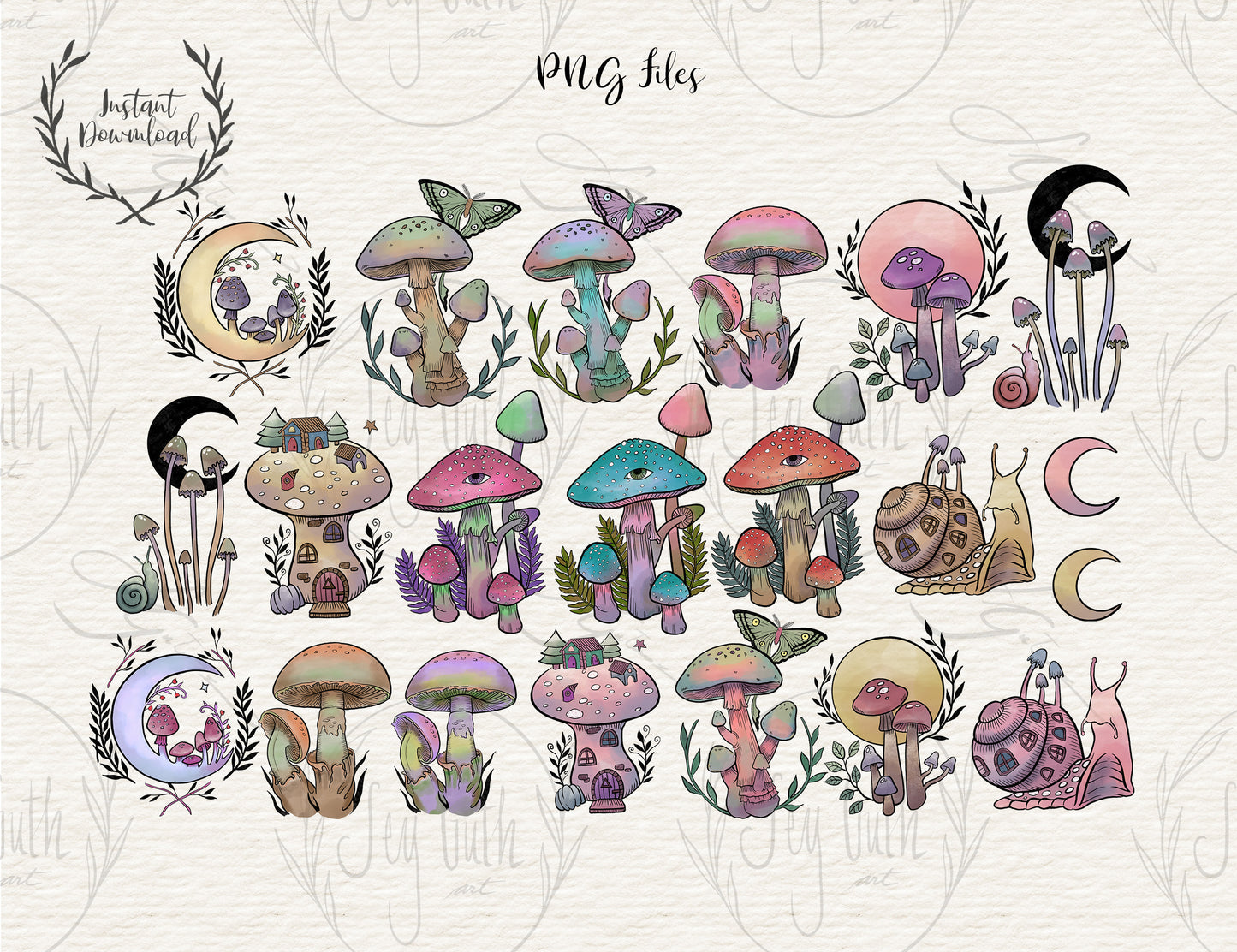 Colourful Mystical Mushrooms Clipart, Fall Forest Fungus Clipart, Mushroom Woodland, 21 png files, INSTANT DOWNLOAD