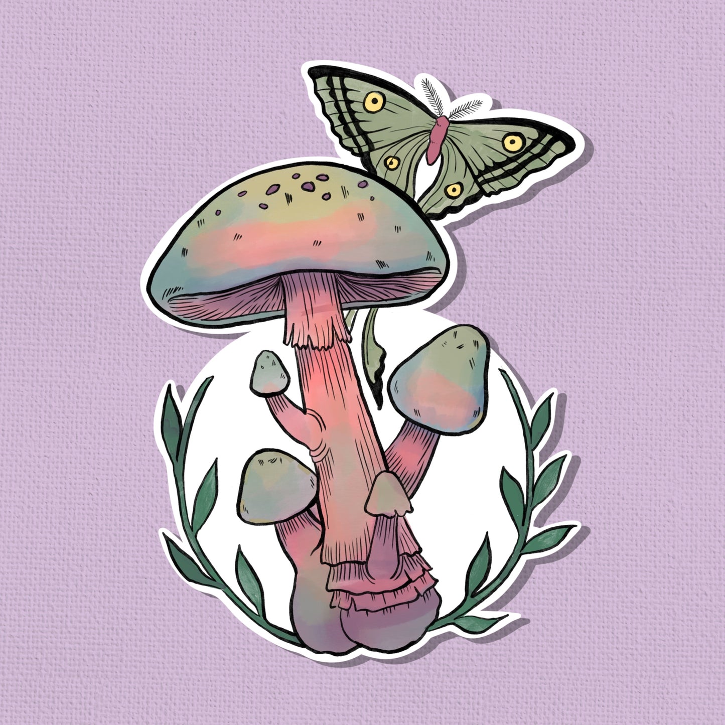 Mushroom and Butterfly Art Sticker – Limited Edition 2.5” Original Watercolor Print | Whimsical Nature Collectible Sticker