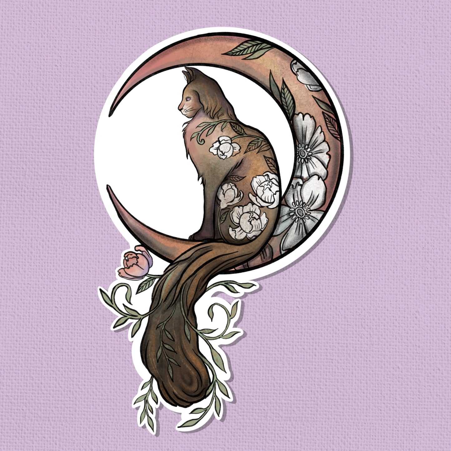 Floral Moon Cat Art Sticker – Limited Edition 2.5” Original Watercolor Print | Mystical Collectible Cat Sticker