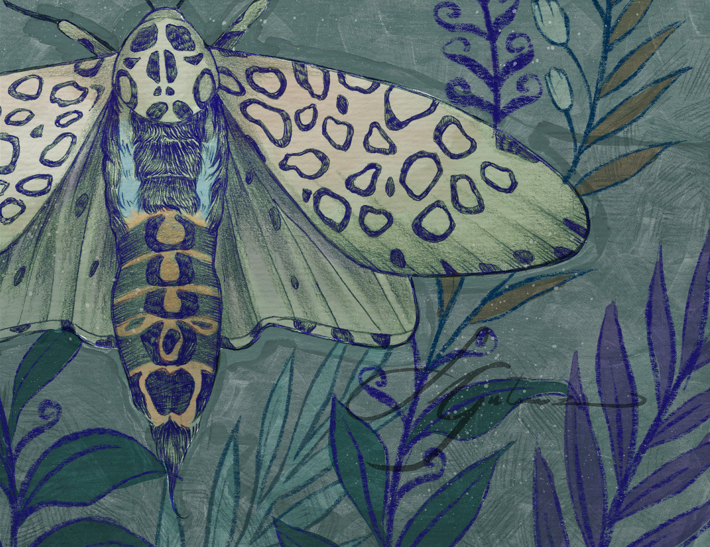 Celestial Leopard Moth – Digital Art Print | Mystical Insect with Moon & Foliage | Available in 5x7, 8x10, 11x14