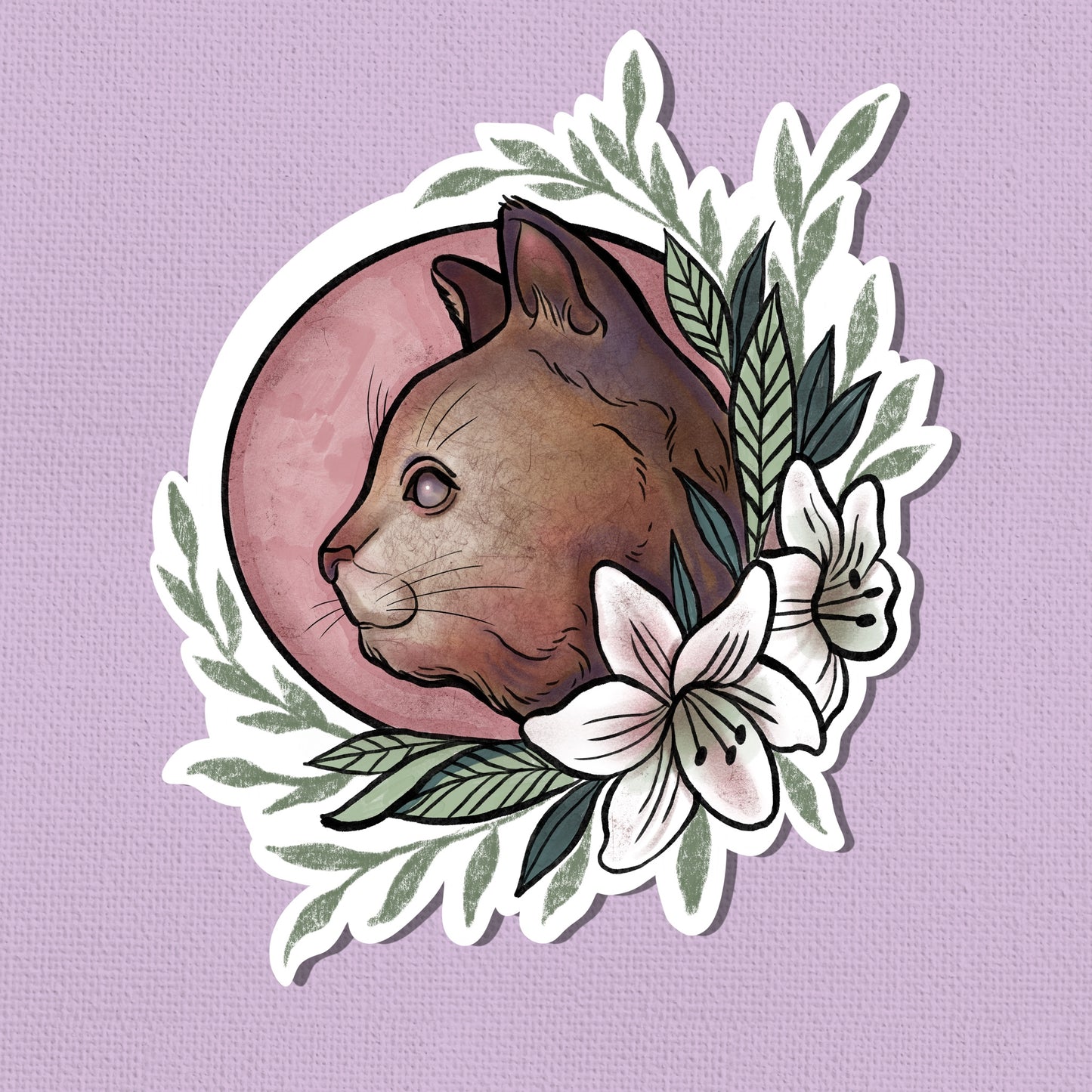 Foral Brown Cat Art Sticker – Limited Edition 2.5” Original Watercolor Print | High Quality Collectible Sticker