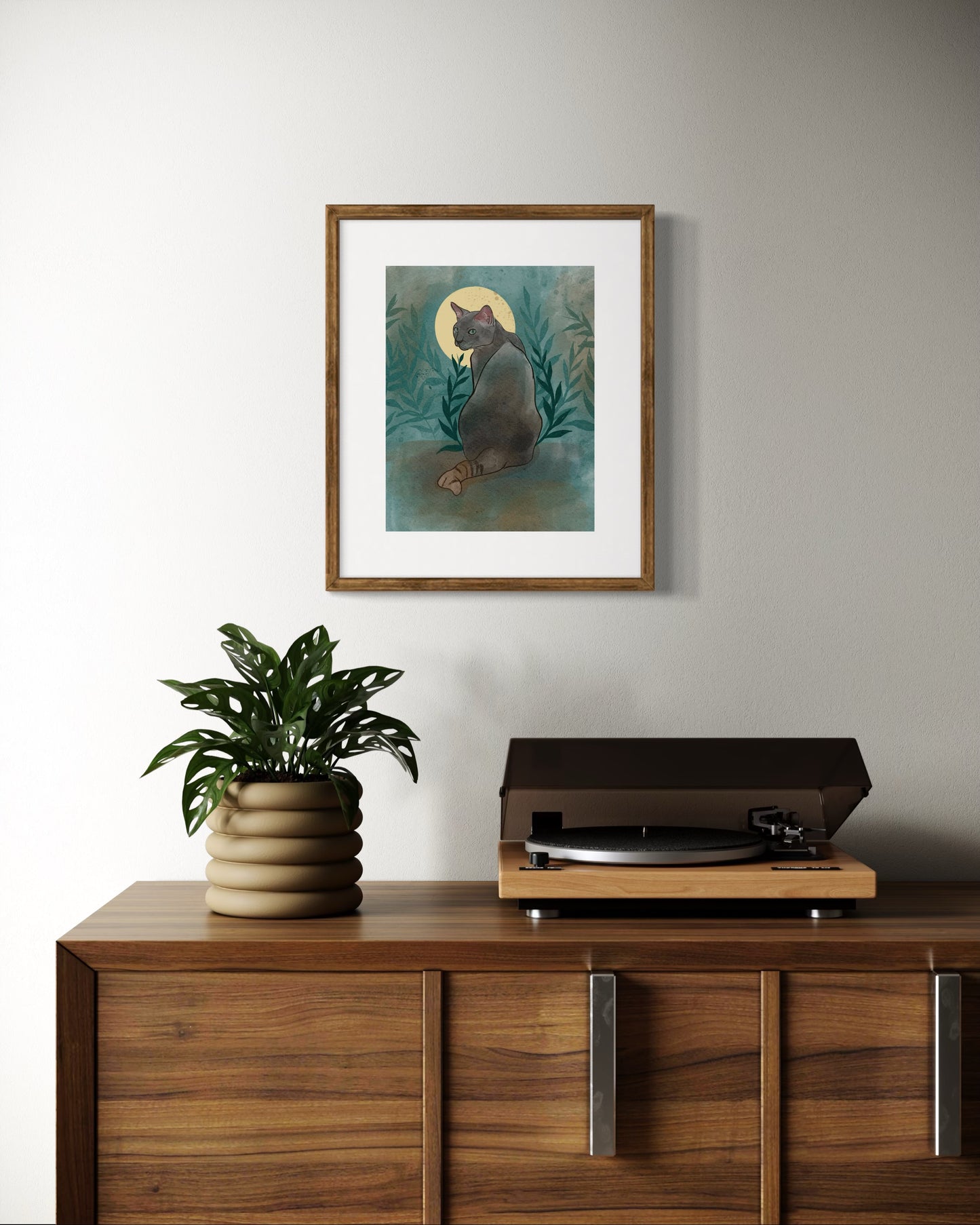 Mystical Luna Black Cat Art Print – Digital Painting Wall Decor | Moonlight Cat Illustration in 5x7, 8x10, 11x14