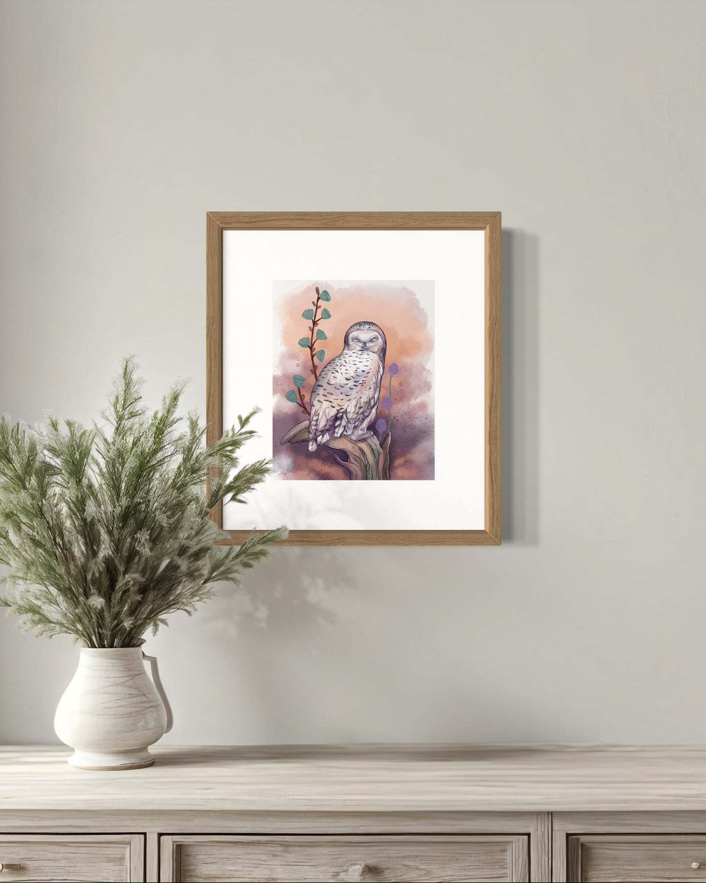 Snowy Owl Watcher – Digital Art Print | Mystical Owl Illustration with Sunset Tones | Available in 5x7, 8x10, 11x14