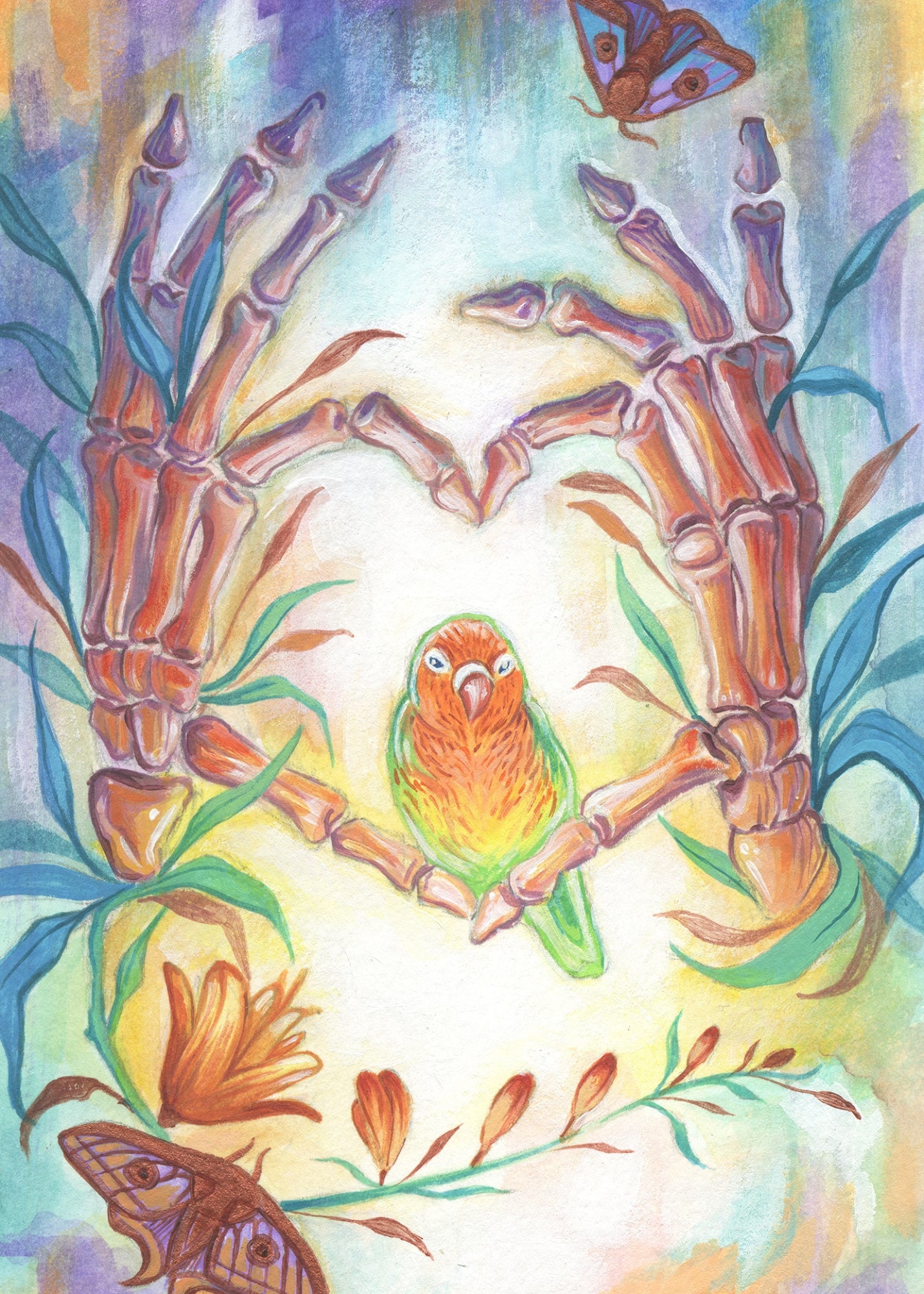 Skeleton Hands Heart with Lovebird – Watercolor Art Print | 5x7 Anatomical Nature Wall Art | Romantic Surreal Decor
