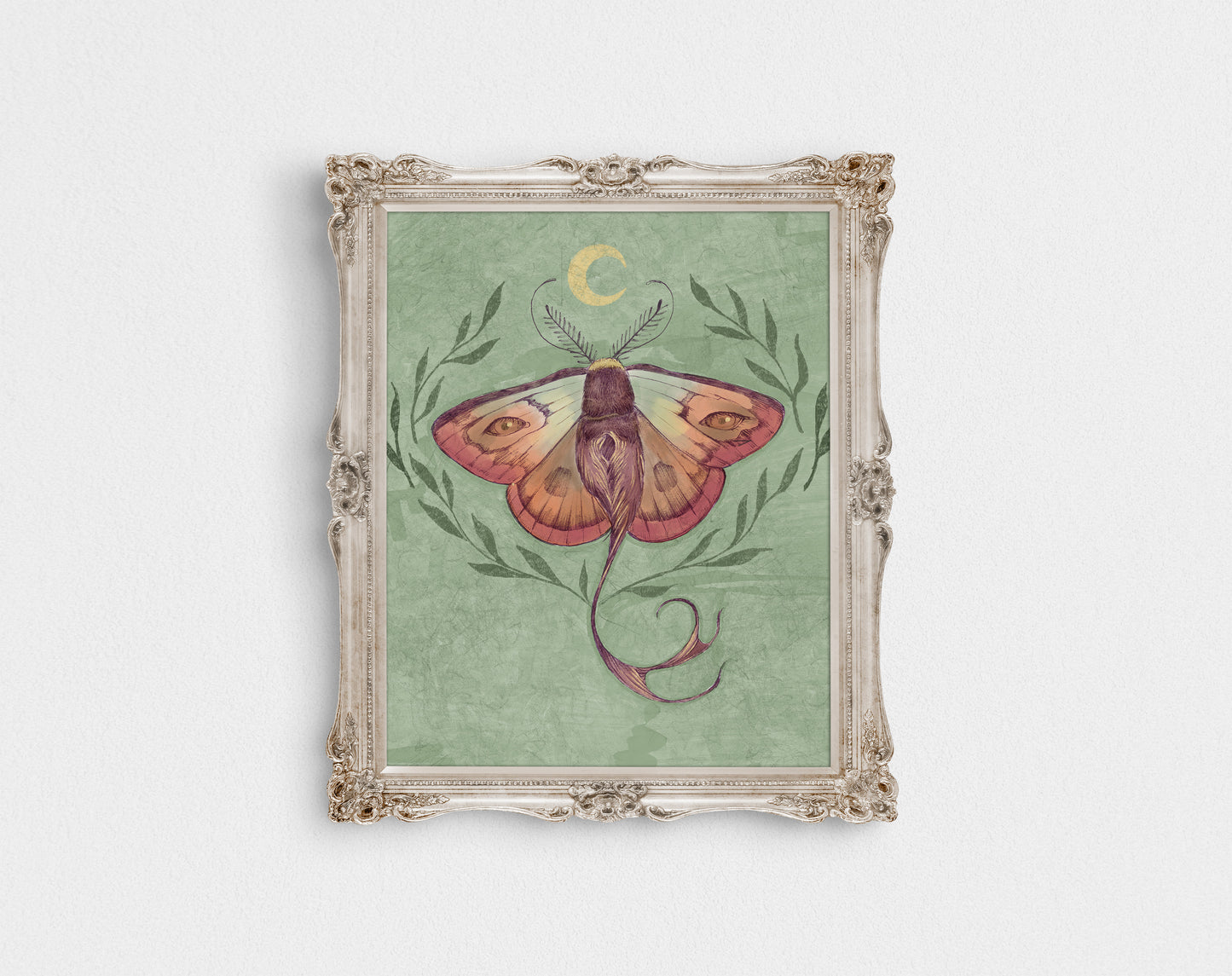 Mystic Eye Moth – Digital Art Print | Surreal Moth with Crescent Moon | 5x7, 8x10, 11x14 Wall Art