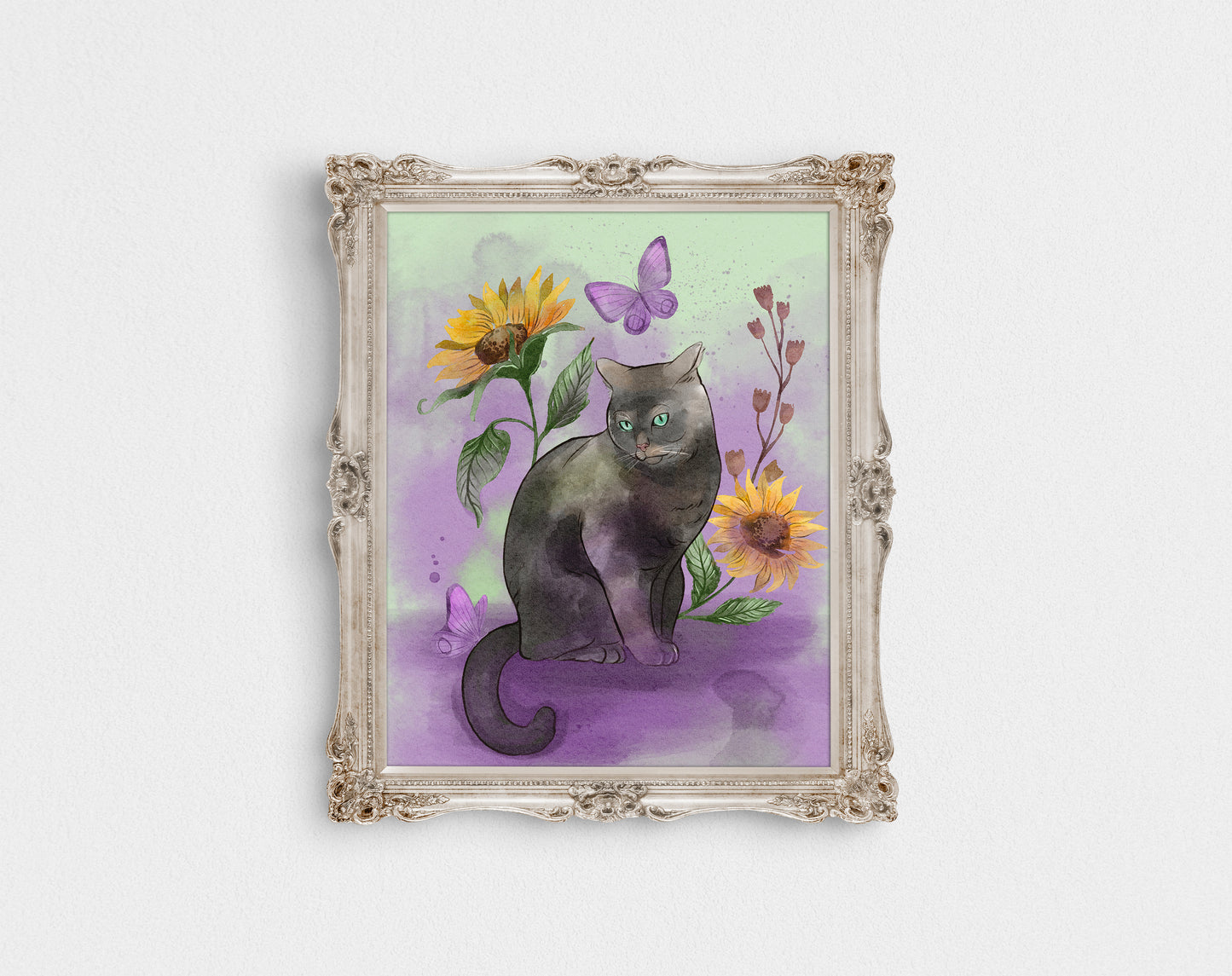 Mystical Black Cat with Sunflowers – Digital Art Print | Whimsical Cat & Butterfly Wall Decor | Available in 5x7, 8x10, 11x14
