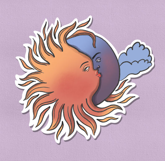 Moon and Sun Kissing Art Sticker – Limited Edition 2.5” Original Watercolor Print | Celestial Collectible Sticker