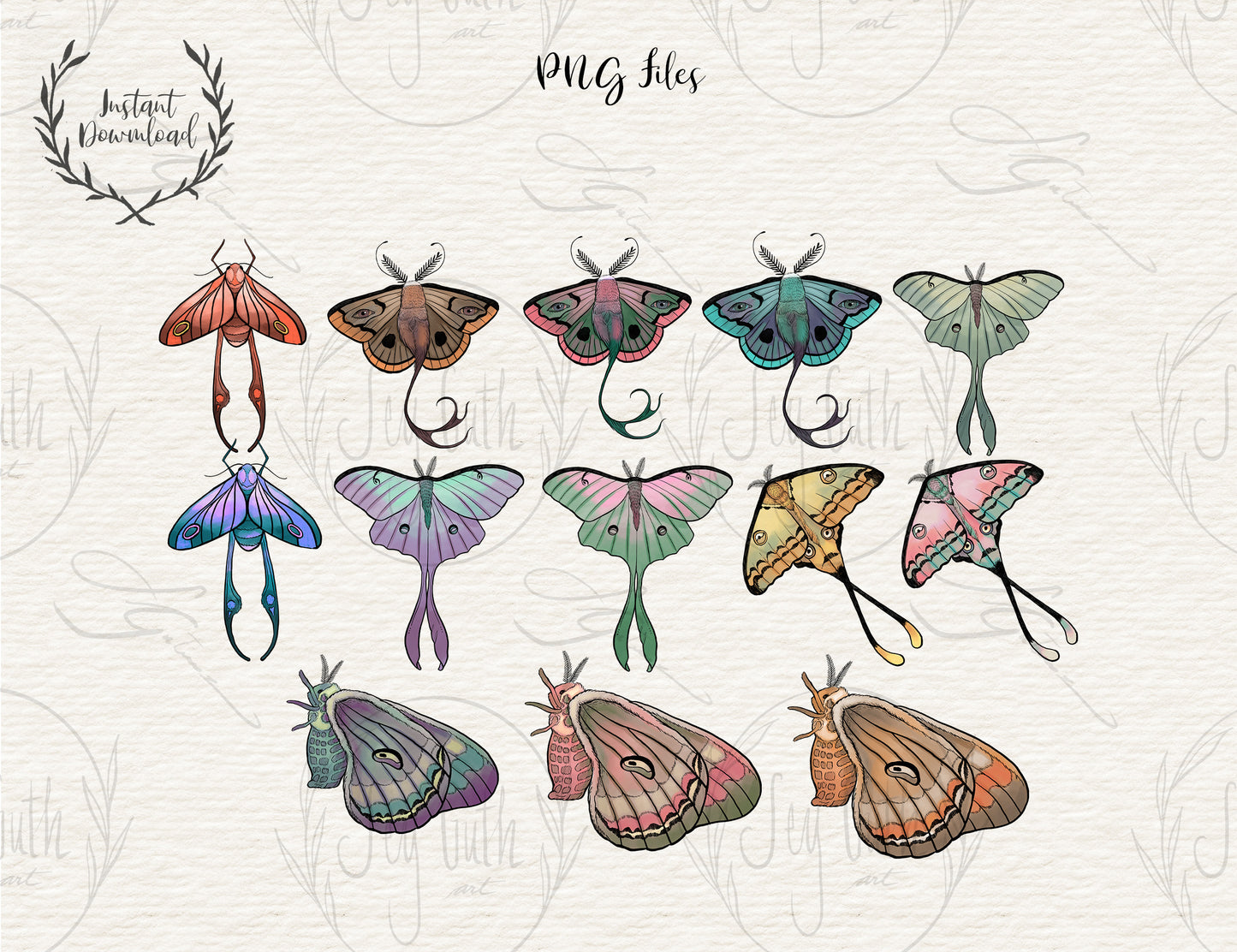 Colorful moth clipart, 13 png files, INSTANT DOWNLOAD