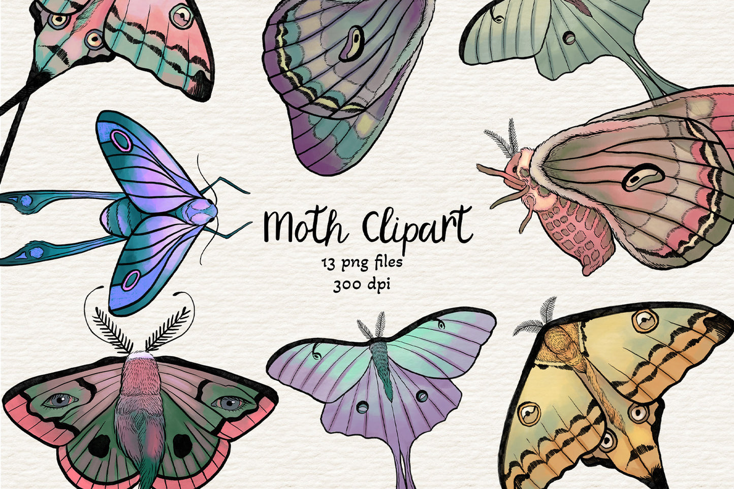 Colorful moth clipart, 13 png files, INSTANT DOWNLOAD