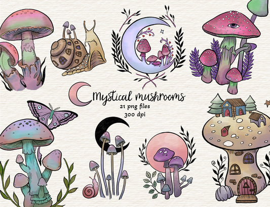 Colourful Mystical Mushrooms Clipart, Fall Forest Fungus Clipart, Mushroom Woodland, 21 png files, INSTANT DOWNLOAD