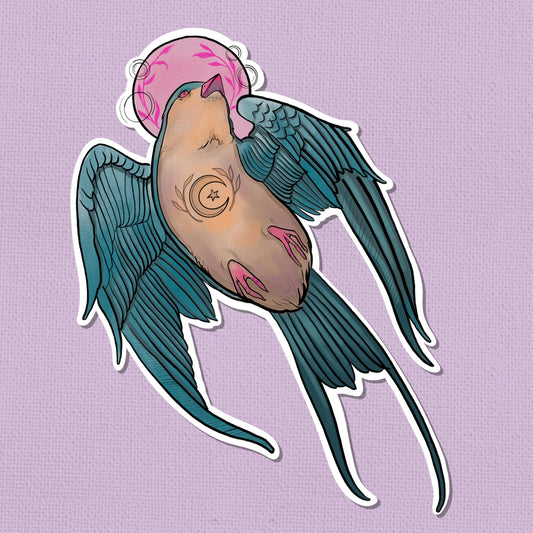 Mystical Swallow Bird Art Sticker – Limited Edition 2.5” Original Watercolor Print | Nouveau Inspired Collectible Sticker