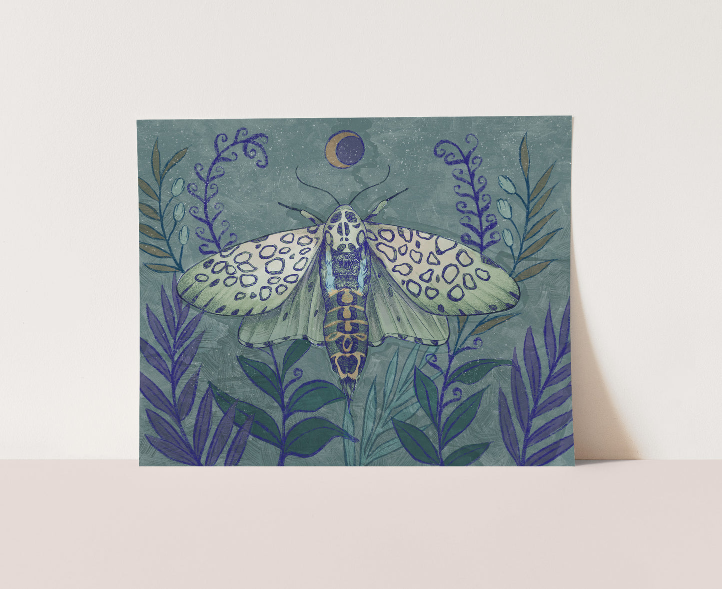 Celestial Leopard Moth – Digital Art Print | Mystical Insect with Moon & Foliage | Available in 5x7, 8x10, 11x14