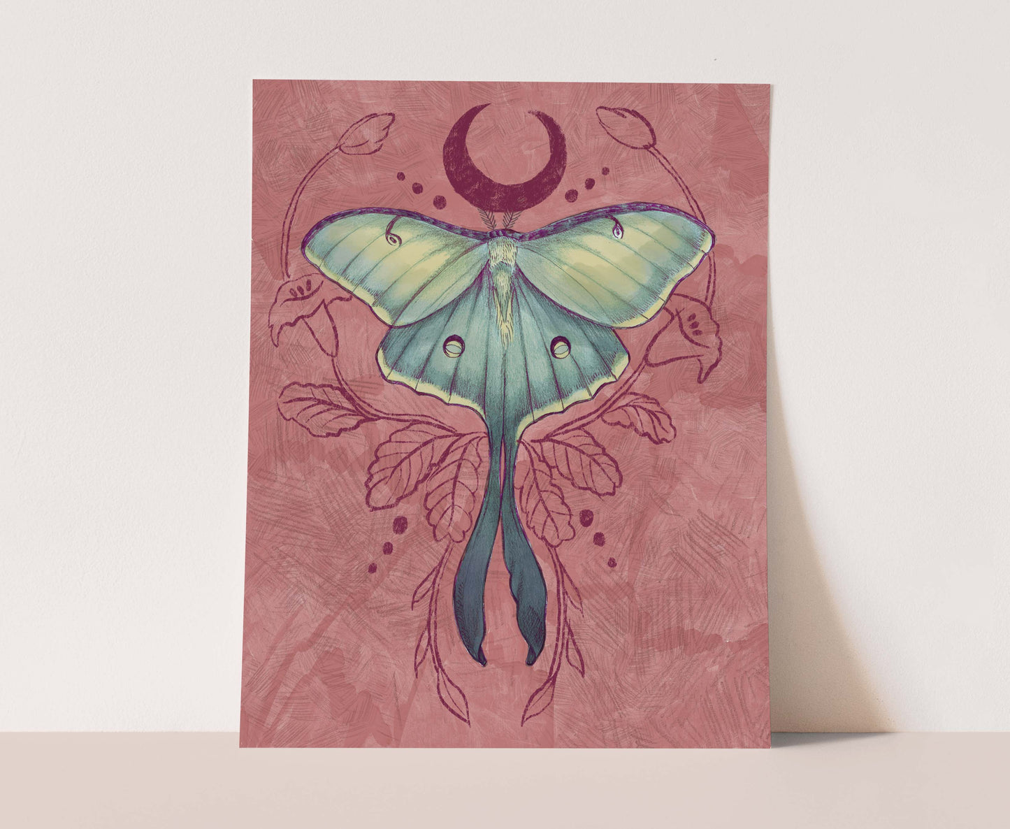 Luna Moon Moth – Digital Art Print | Celestial Insect Illustration with Crescent Moon | Available in 5x7, 8x10, 11x14