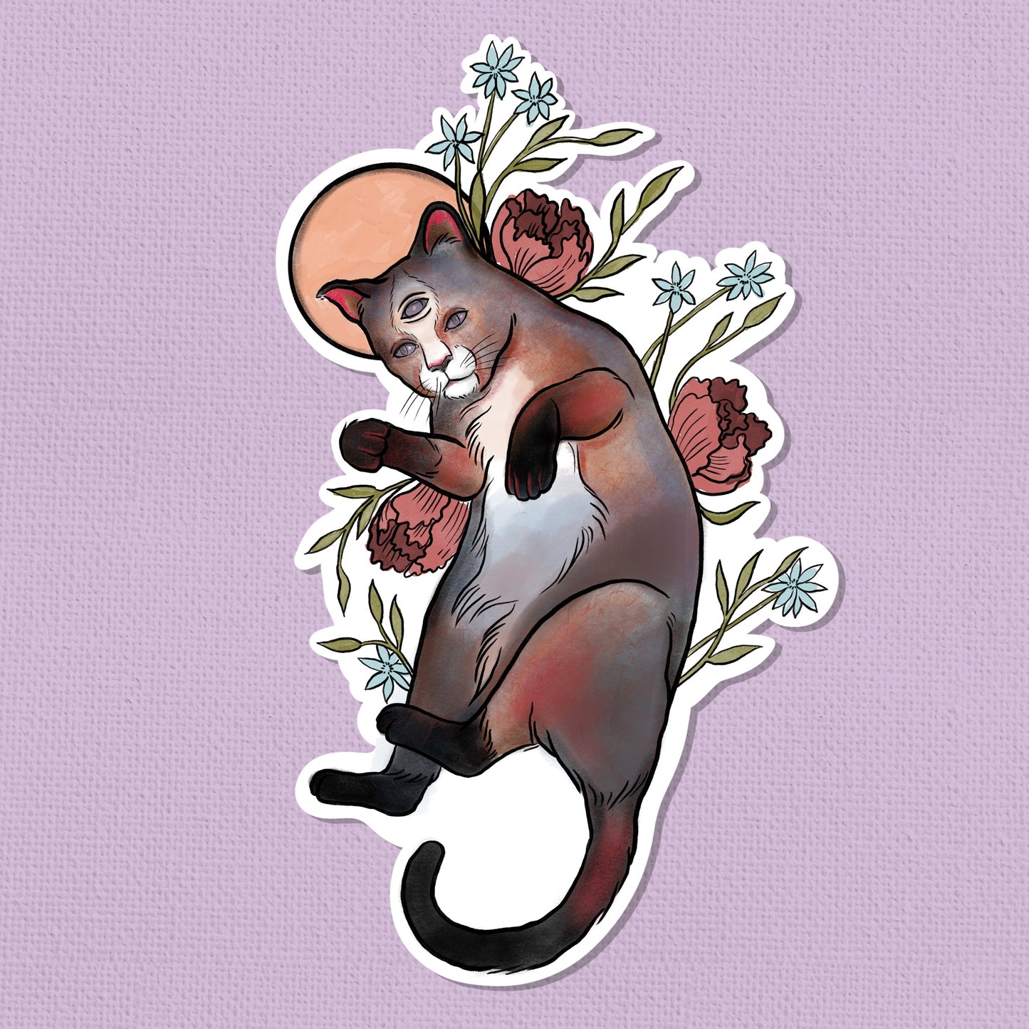 Floral Mystical Cat Art Sticker with Third Eye – Limited Edition 2.5” Original Watercolor Print | Collectible Whimsical Sticker