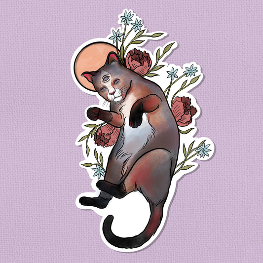 Floral Mystical Cat Art Sticker with Third Eye – Limited Edition 2.5” Original Watercolor Print | Collectible Whimsical Sticker