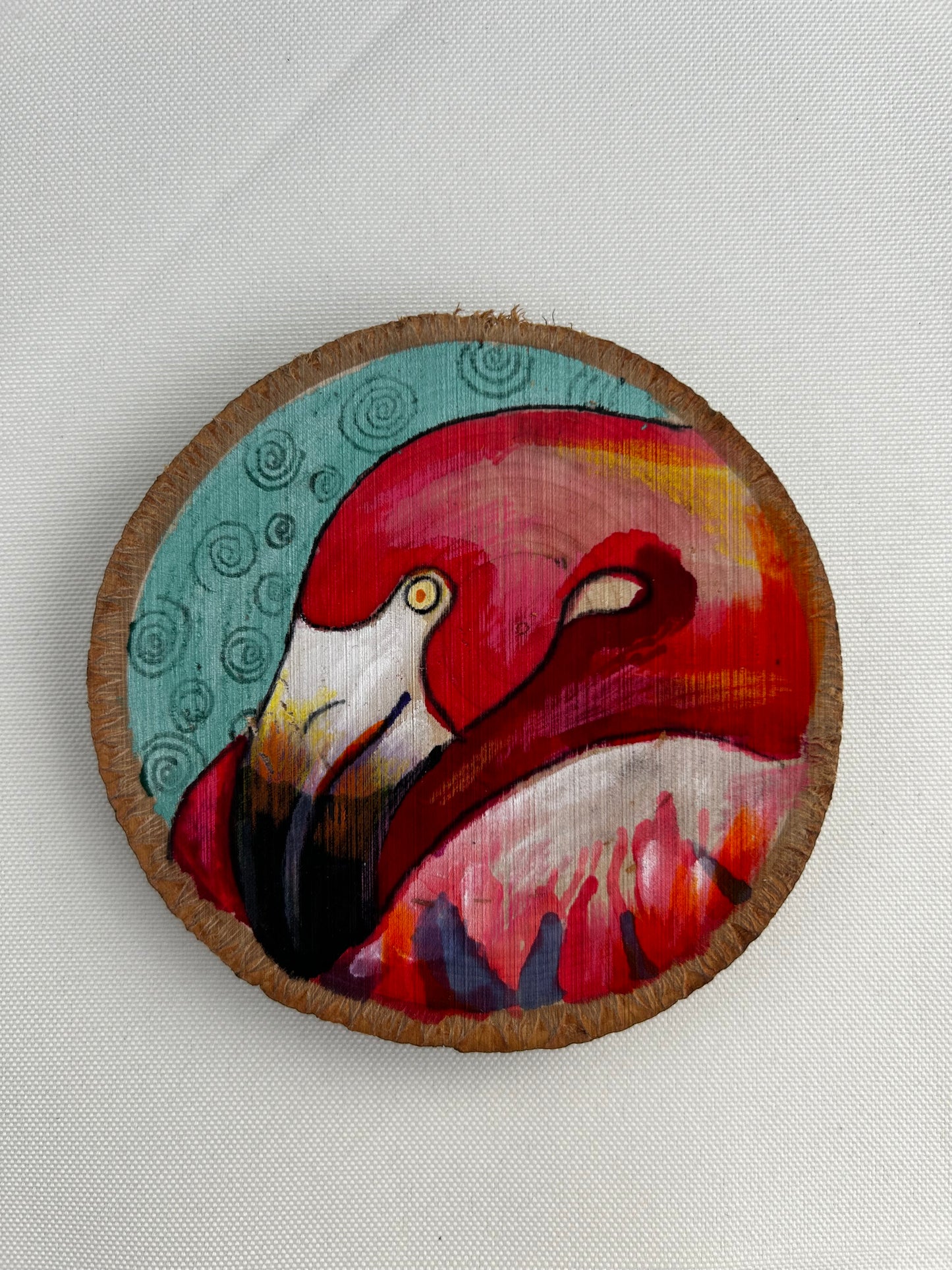 Whimsical Flamingo Painting on Circular Wood 3inches
