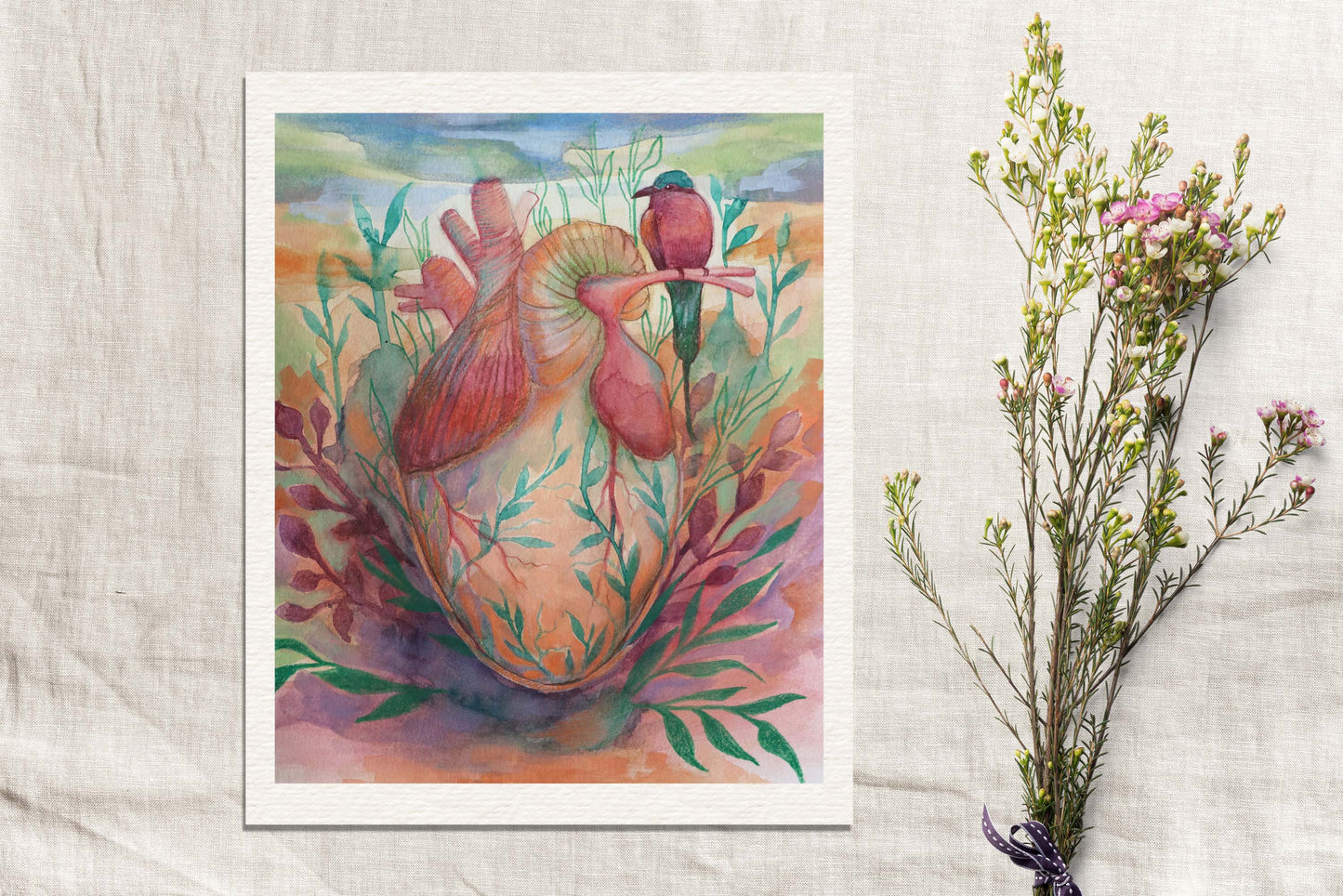 Heart & Bird – Watercolor Art Print | Surreal Anatomical Heart Painting with Nature Elements | Available in 5x7, 8x10, 11x14