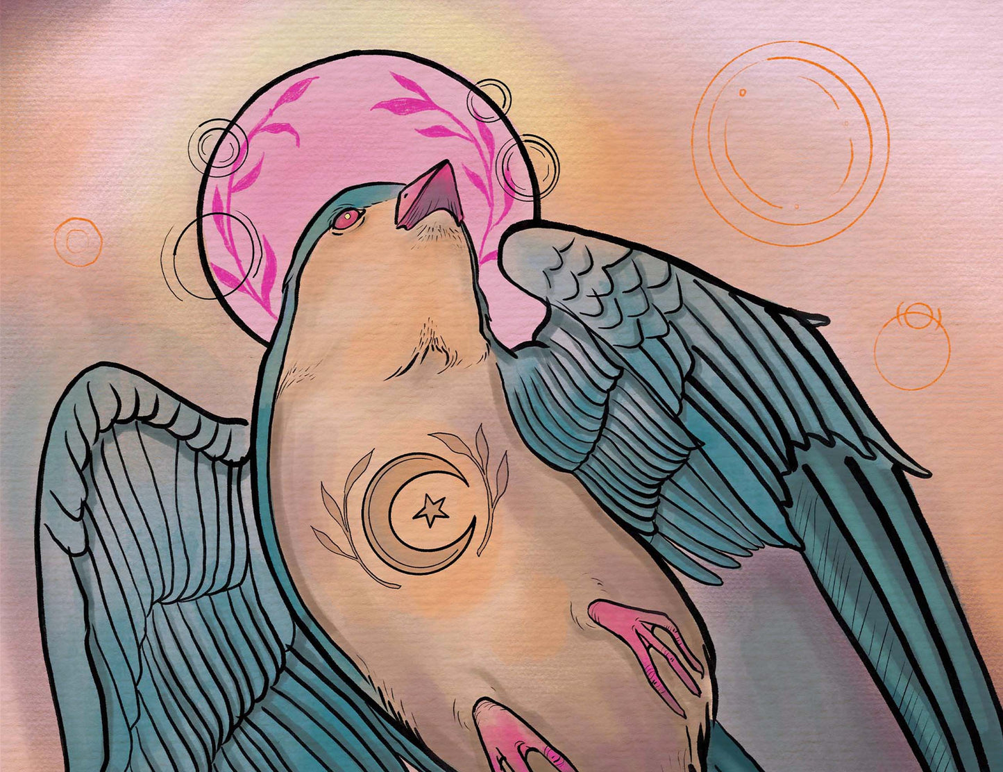 Celestial Swallow – Digital Art Print | Mystical Bird Illustration with Moon & Star Symbol | Available in 5x7, 8x10, 11x14