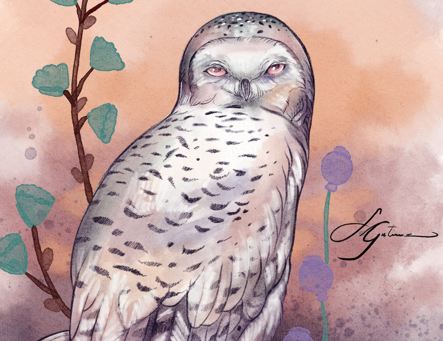 Snowy Owl Watcher – Digital Art Print | Mystical Owl Illustration with Sunset Tones | Available in 5x7, 8x10, 11x14