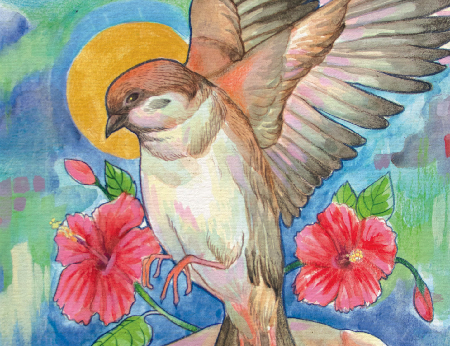 Hibiscus Flight – Watercolor Art Print | Colorful Birds with Tropical Flowers | Available in 5x7, 8x10, 11x14