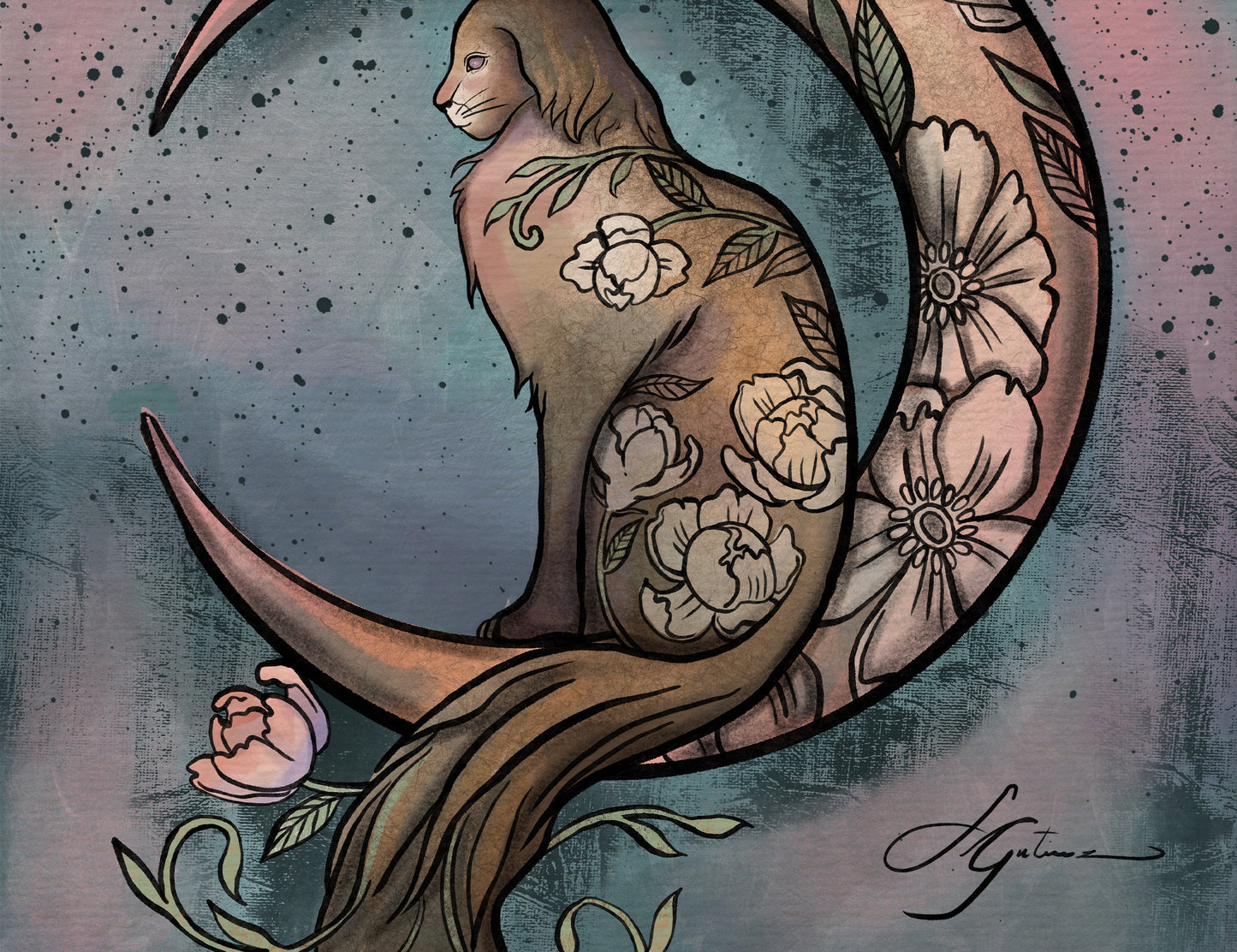 Floral Moon Cat – Digital Art Print | Mystical Cat Sitting on Crescent Moon | Available in 5x7, 8x10, 11x14