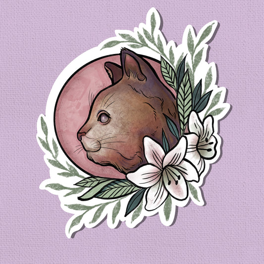 Foral Brown Cat Art Sticker – Limited Edition 2.5” Original Watercolor Print | High Quality Collectible Sticker