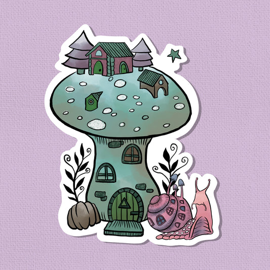 Whimsical Mushroom House Art Sticker – Limited Edition 2.5” Original Watercolor Print | Cottagecore Collectible Sticker
