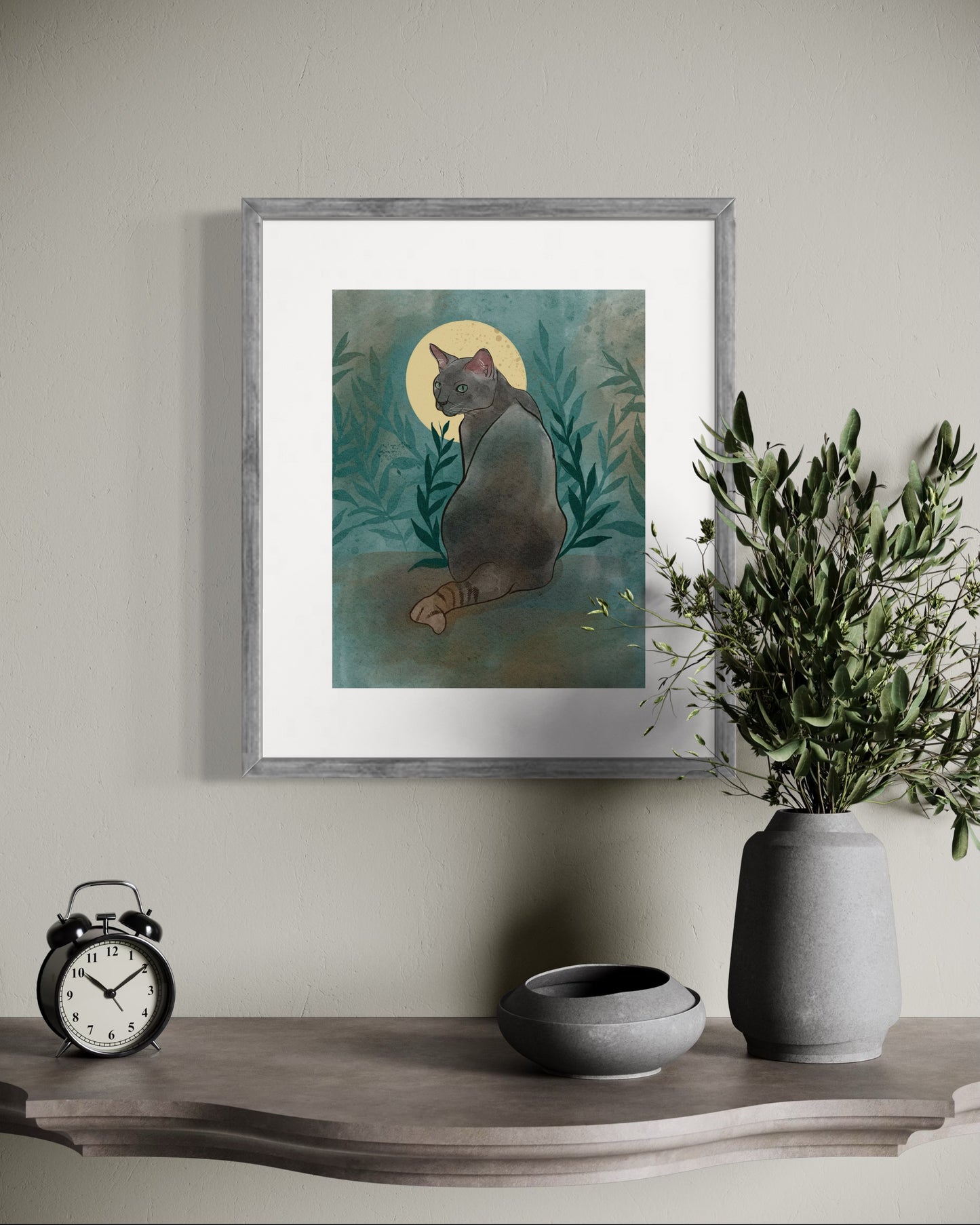 Mystical Luna Black Cat Art Print – Digital Painting Wall Decor | Moonlight Cat Illustration in 5x7, 8x10, 11x14