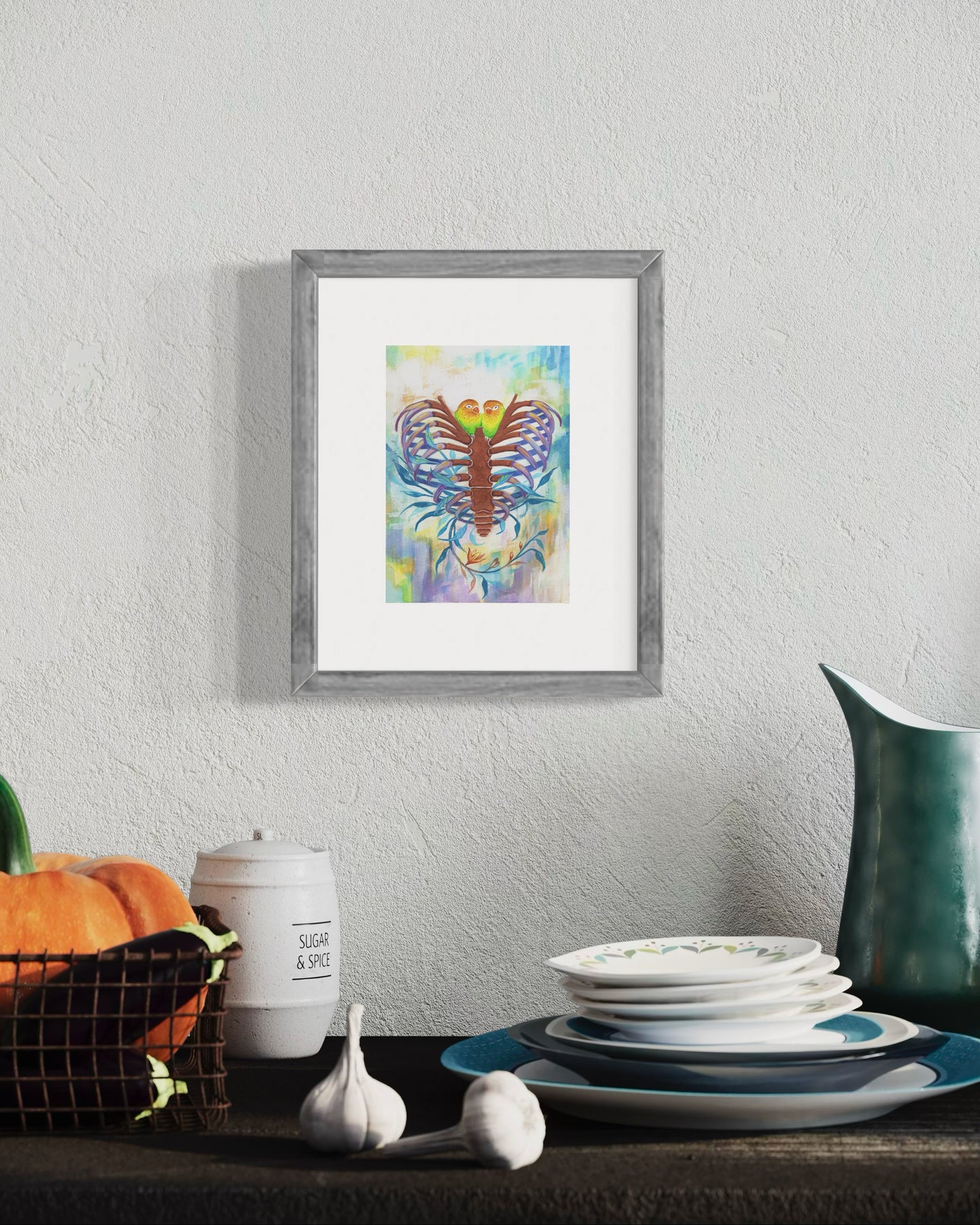 Lovebirds in a Ribcage – Watercolor Art Print | 5x7 Anatomical Nature Painting | Surreal Romantic Wall Art
