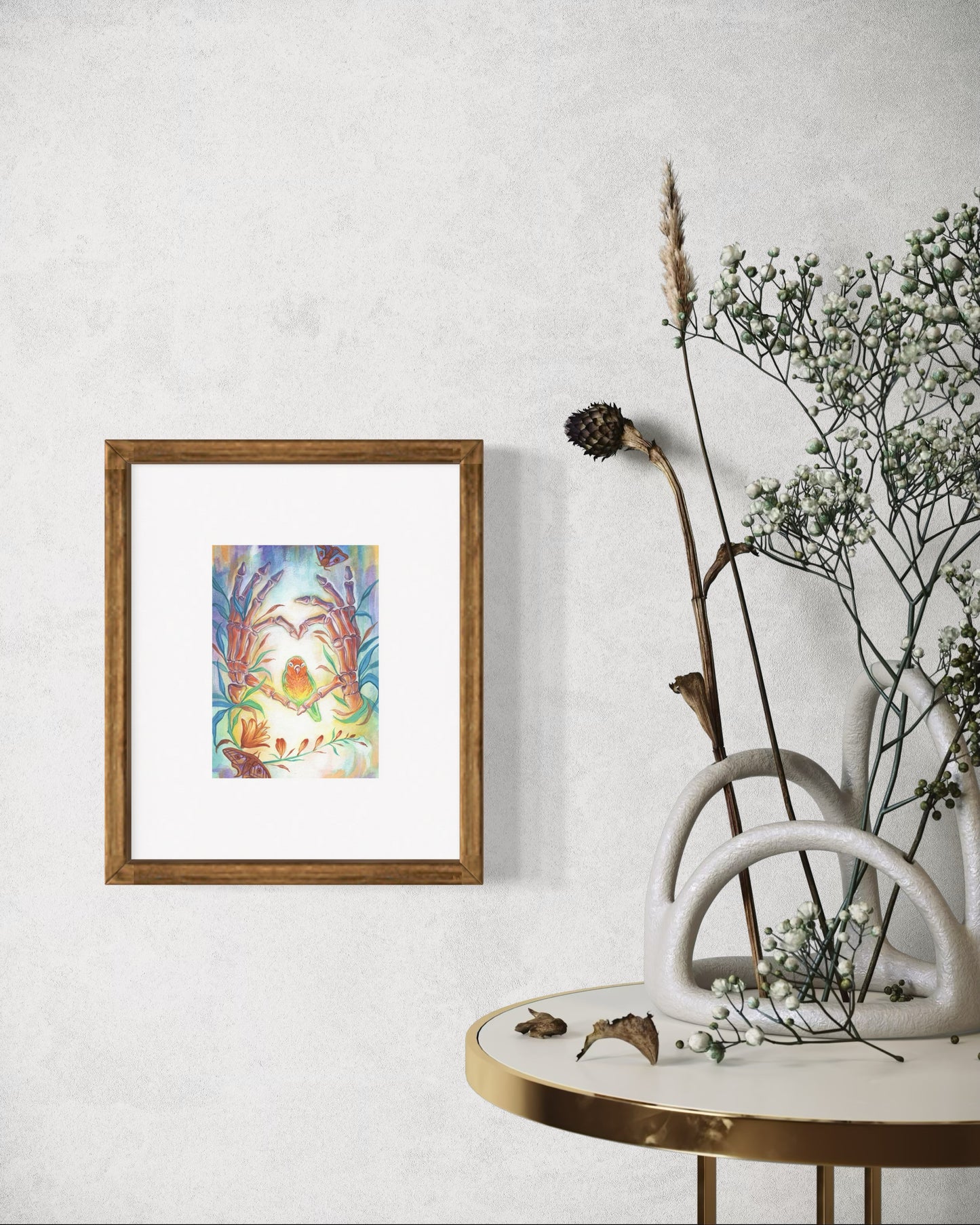 Skeleton Hands Heart with Lovebird – Watercolor Art Print | 5x7 Anatomical Nature Wall Art | Romantic Surreal Decor