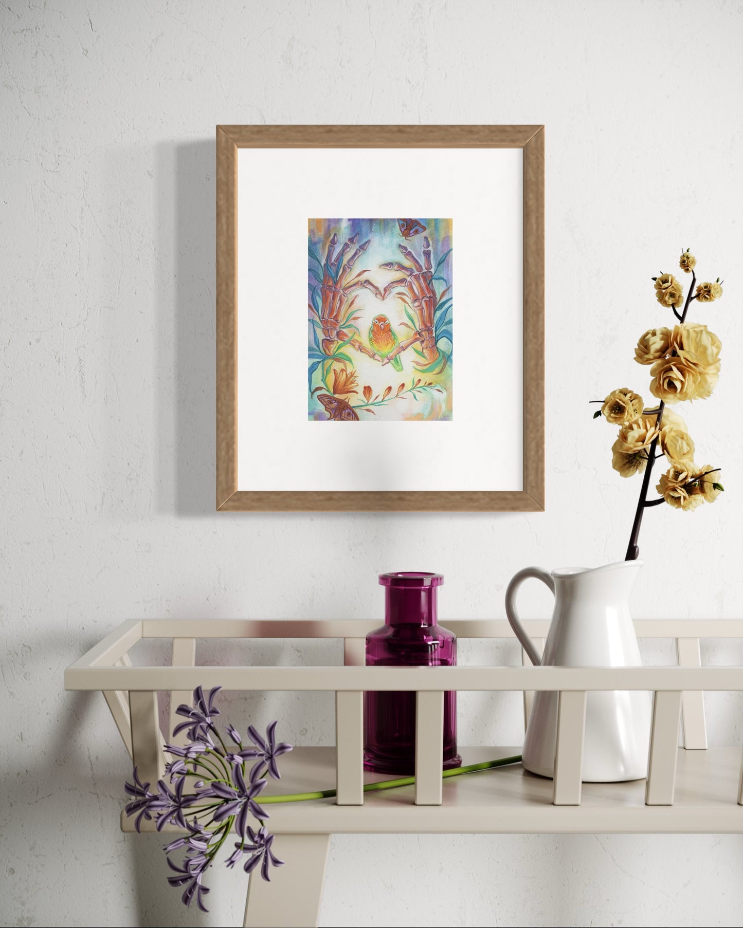 Skeleton Hands Heart with Lovebird – Watercolor Art Print | 5x7 Anatomical Nature Wall Art | Romantic Surreal Decor