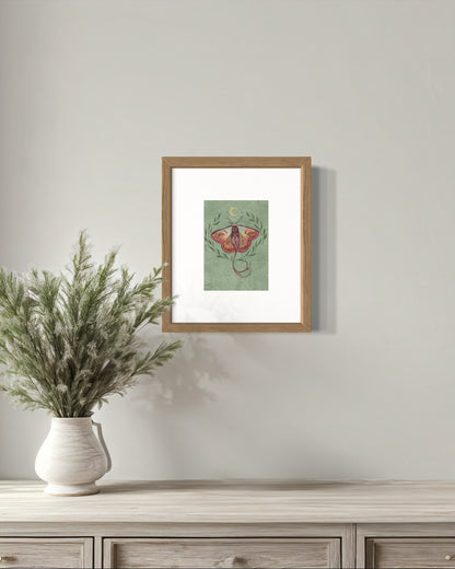 Mystic Eye Moth – Digital Art Print | Surreal Moth with Crescent Moon | 5x7, 8x10, 11x14 Wall Art