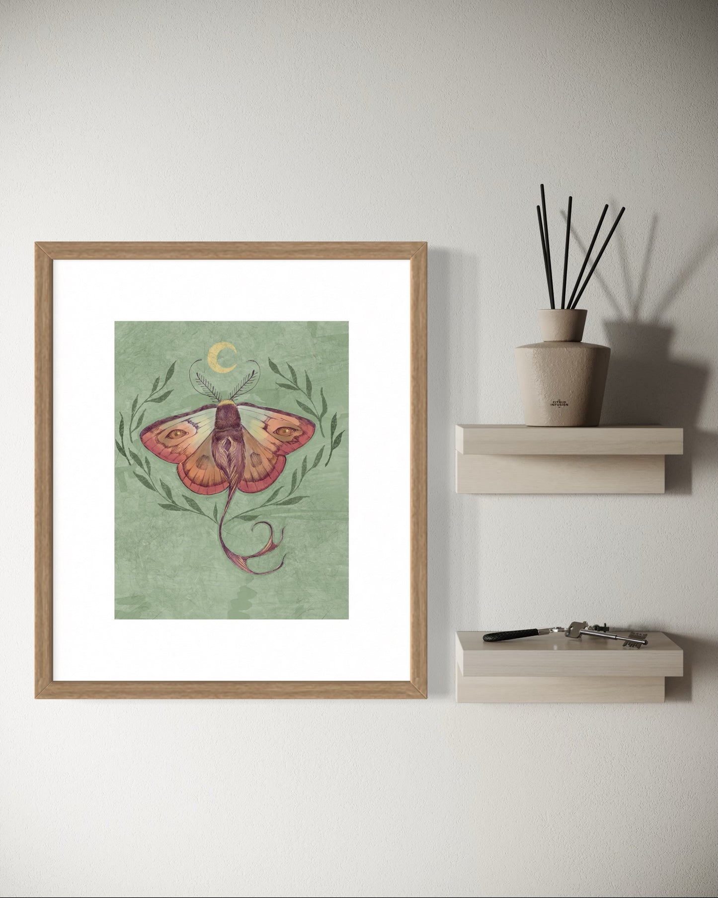 Mystic Eye Moth – Digital Art Print | Surreal Moth with Crescent Moon | 5x7, 8x10, 11x14 Wall Art