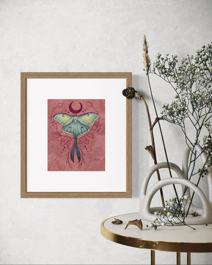 Luna Moon Moth – Digital Art Print | Celestial Insect Illustration with Crescent Moon | Available in 5x7, 8x10, 11x14