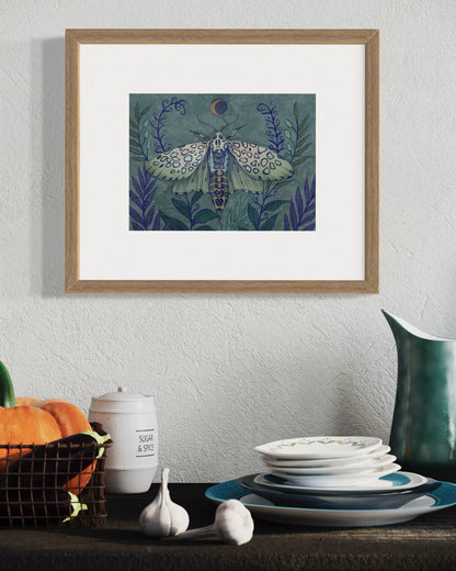 Celestial Leopard Moth – Digital Art Print | Mystical Insect with Moon & Foliage | Available in 5x7, 8x10, 11x14