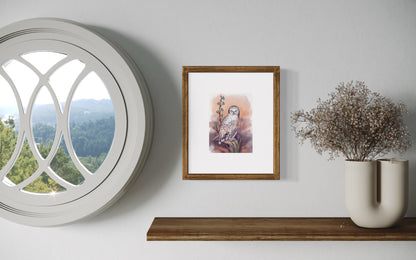 Snowy Owl Watcher – Digital Art Print | Mystical Owl Illustration with Sunset Tones | Available in 5x7, 8x10, 11x14