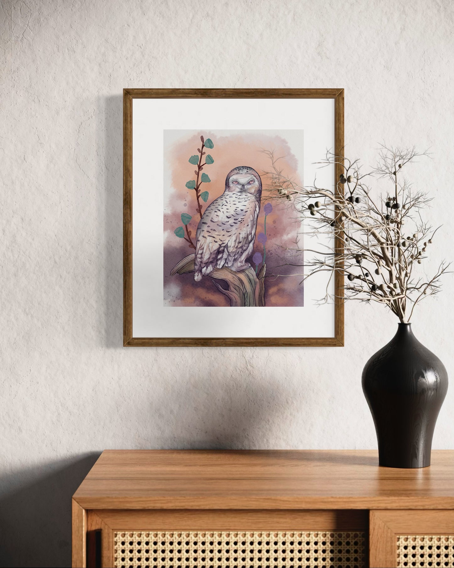 Snowy Owl Watcher – Digital Art Print | Mystical Owl Illustration with Sunset Tones | Available in 5x7, 8x10, 11x14