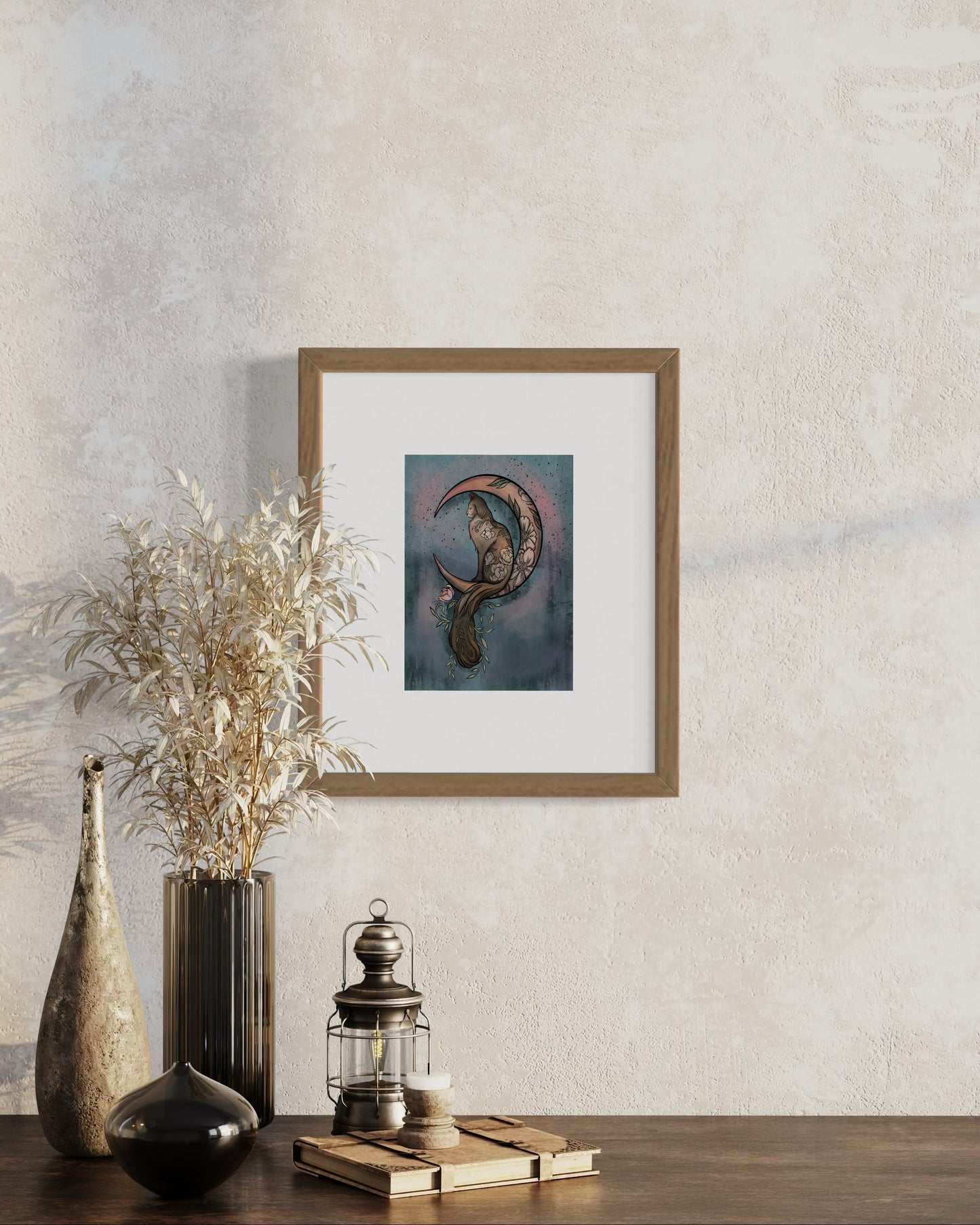 Floral Moon Cat – Digital Art Print | Mystical Cat Sitting on Crescent Moon | Available in 5x7, 8x10, 11x14