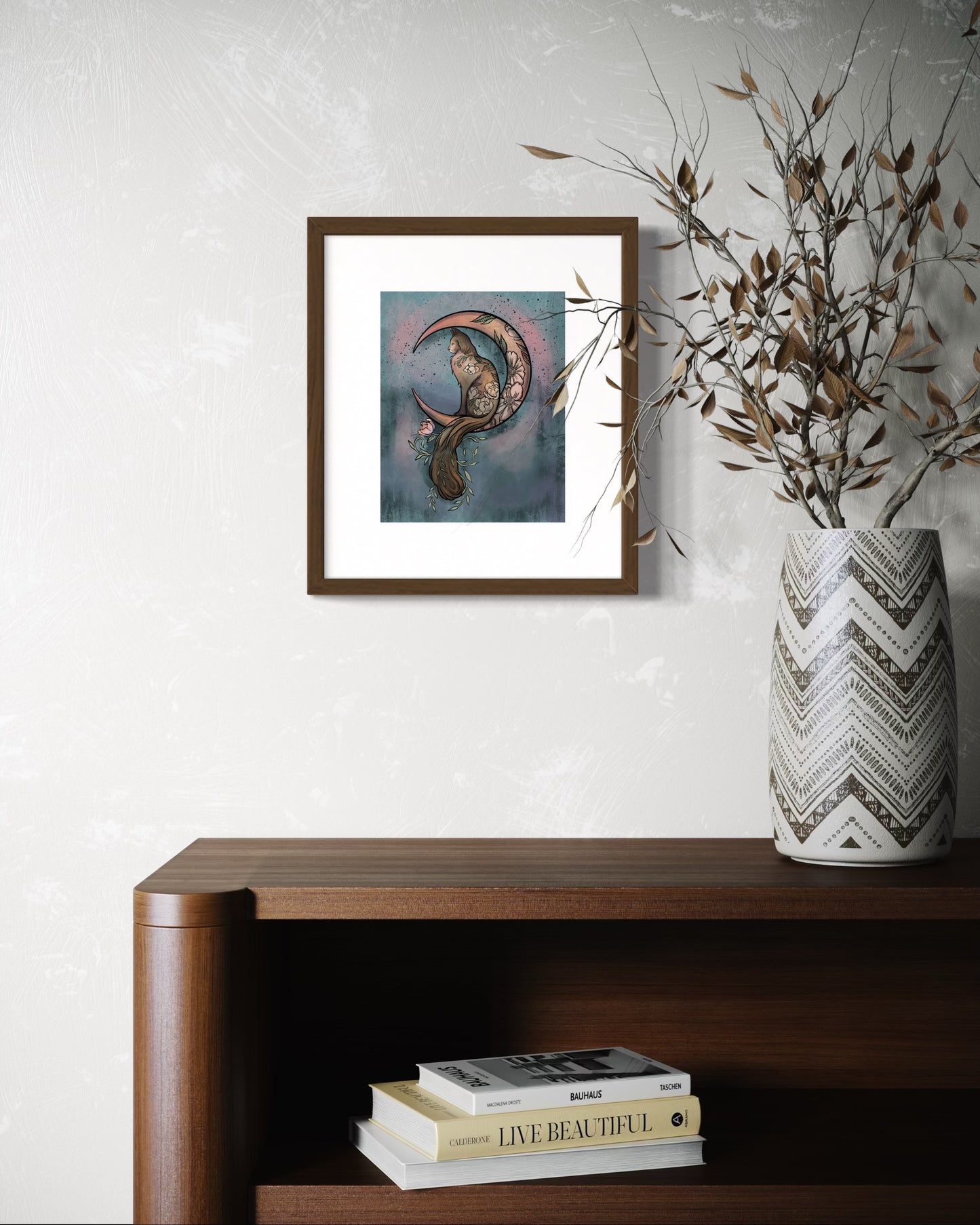 Floral Moon Cat – Digital Art Print | Mystical Cat Sitting on Crescent Moon | Available in 5x7, 8x10, 11x14