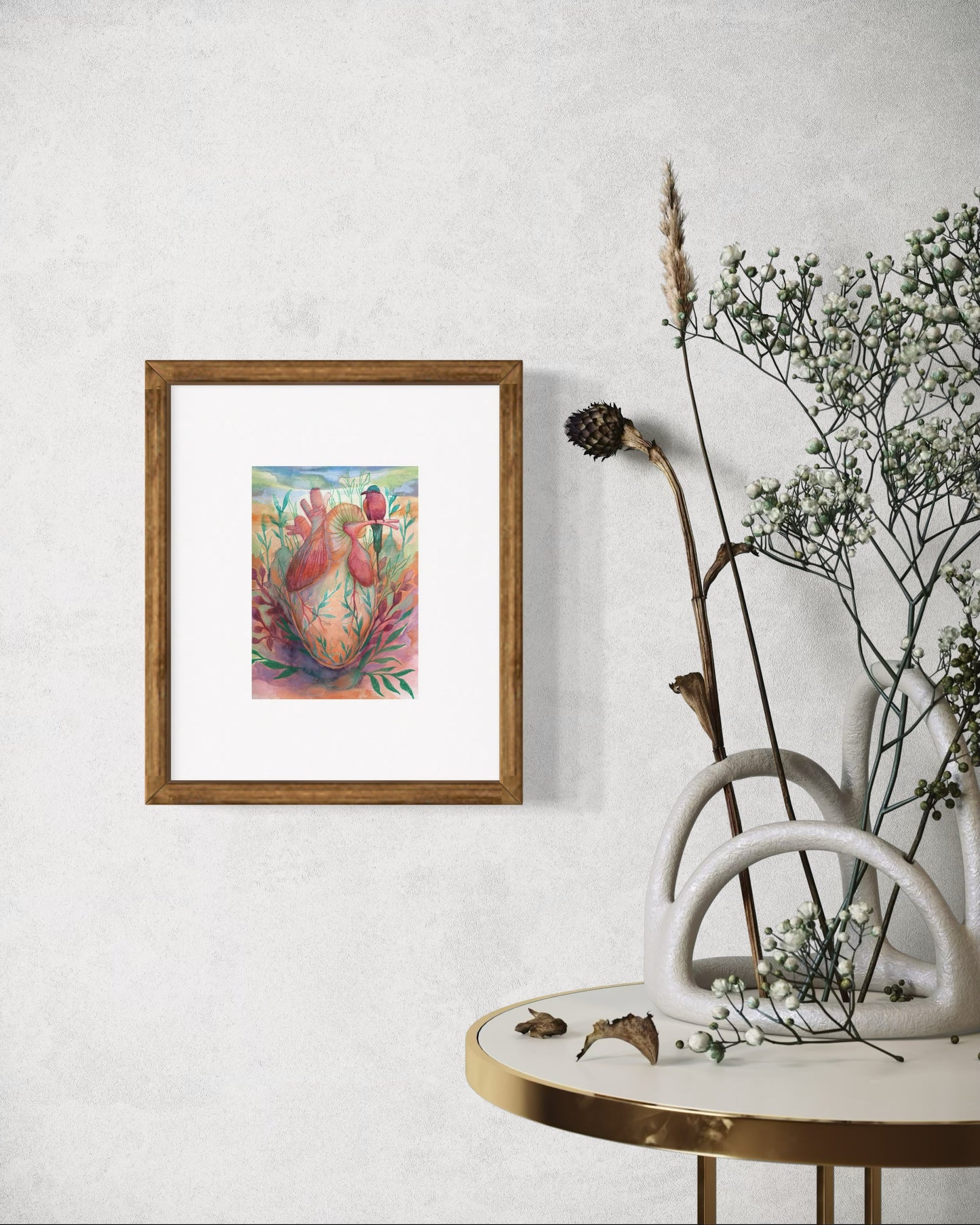Heart & Bird – Watercolor Art Print | Surreal Anatomical Heart Painting with Nature Elements | Available in 5x7, 8x10, 11x14