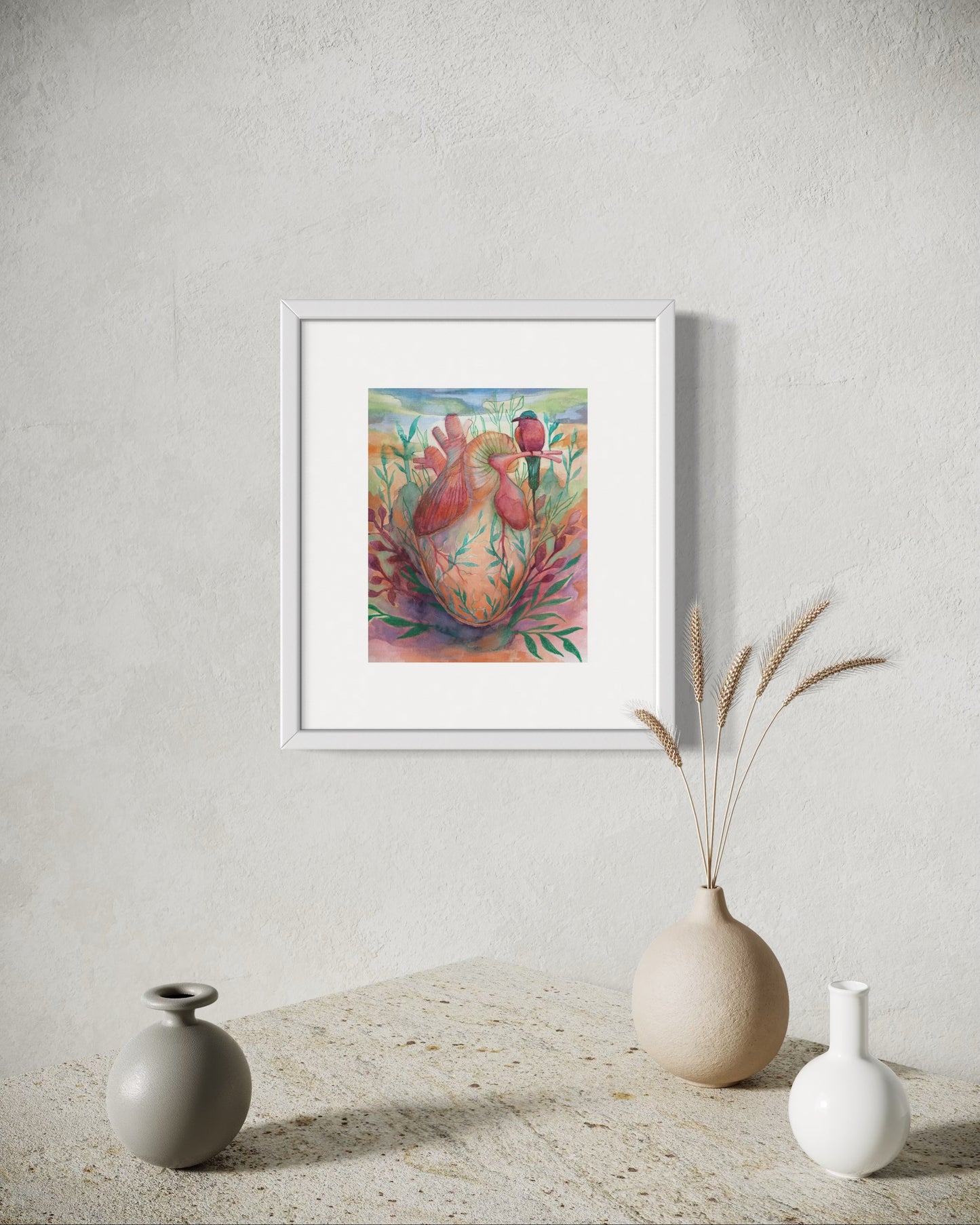 Heart & Bird – Watercolor Art Print | Surreal Anatomical Heart Painting with Nature Elements | Available in 5x7, 8x10, 11x14