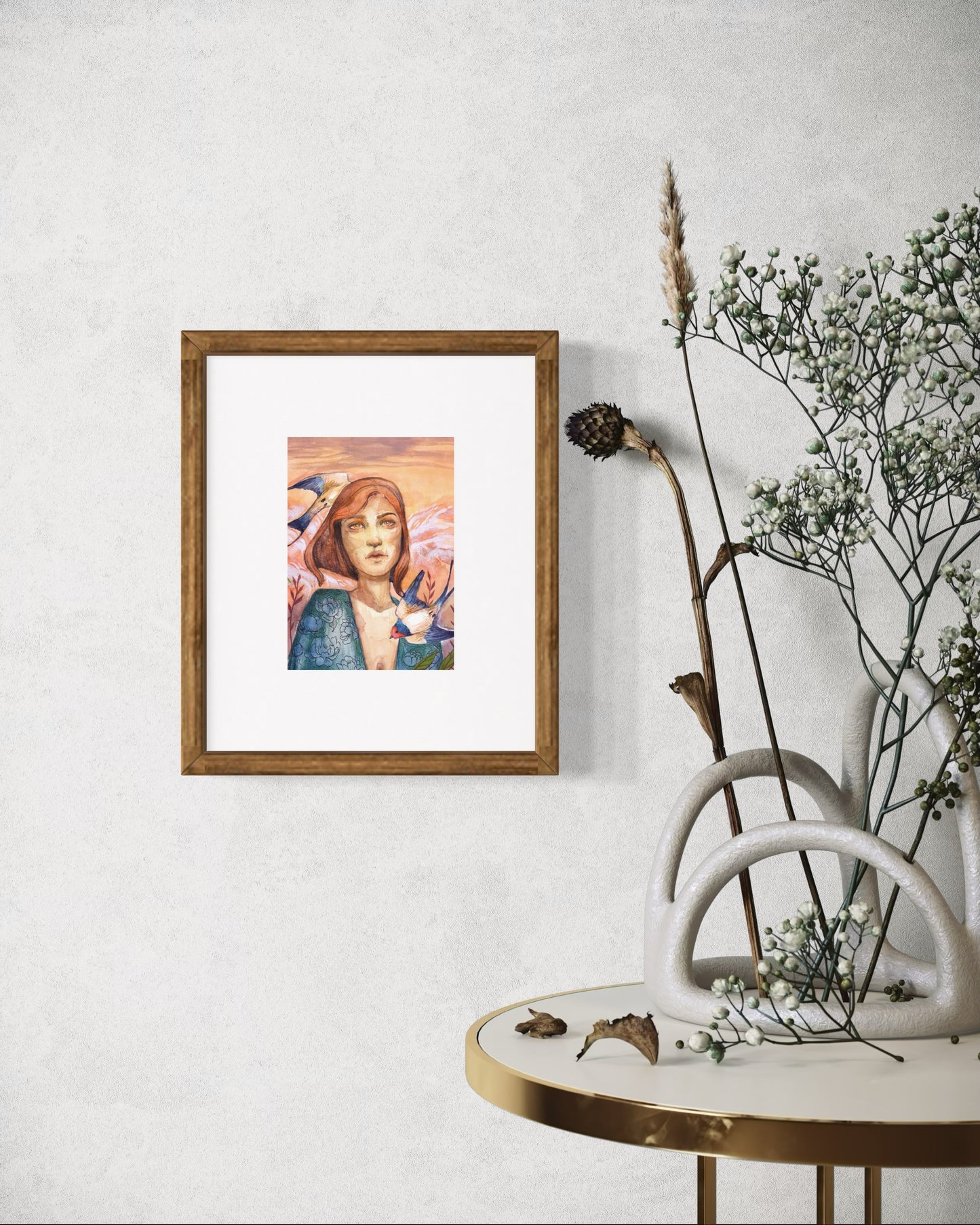 Woman with Swallows birds– Watercolor Art Print | Emotional Portrait with Birds & Floral Kimono | Available in 5x7, 8x10, 11x14