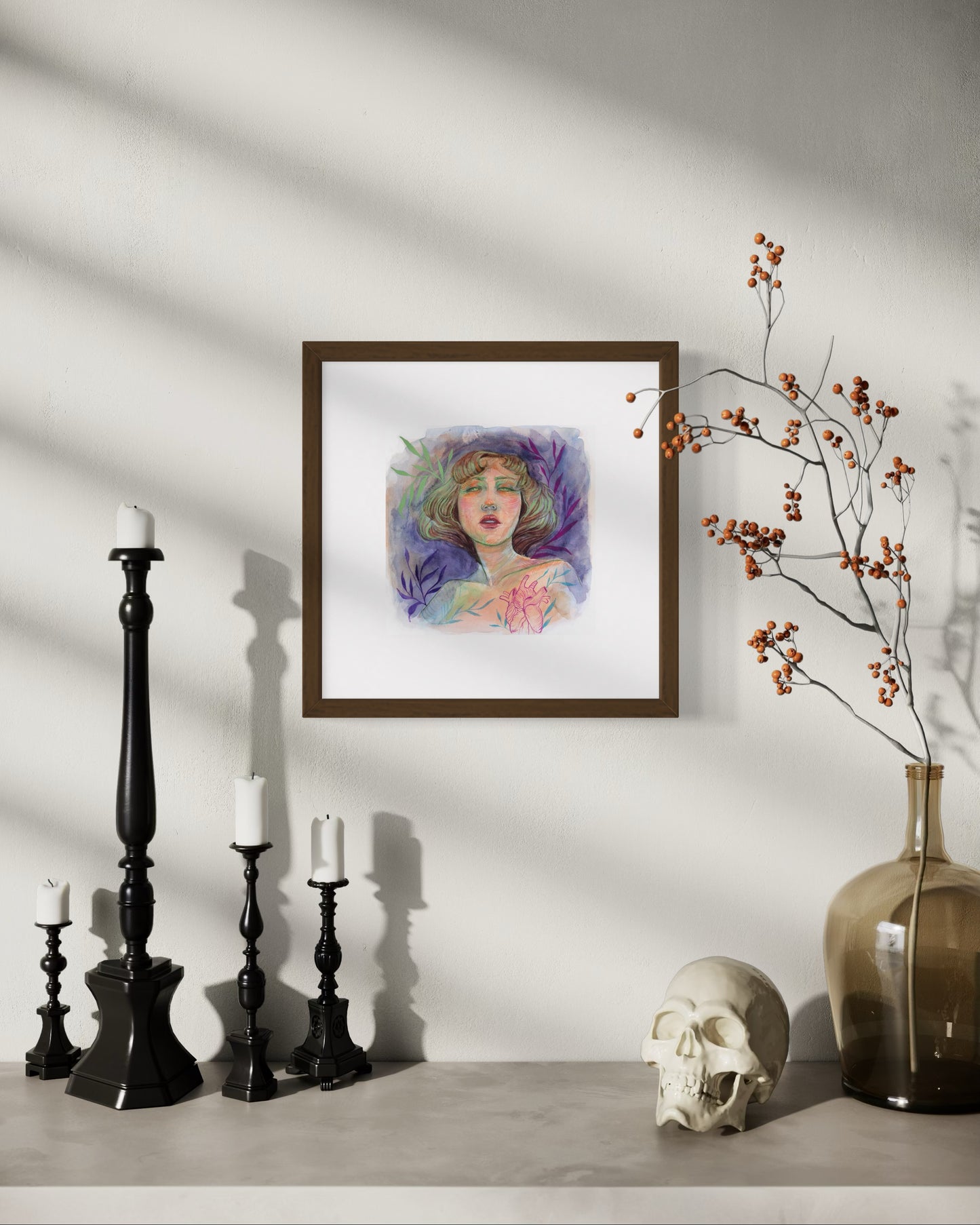 Violet Heart & Soul – Watercolor Art Print | Emotional Portrait with Anatomical Heart | Available in 5x7, 8x8