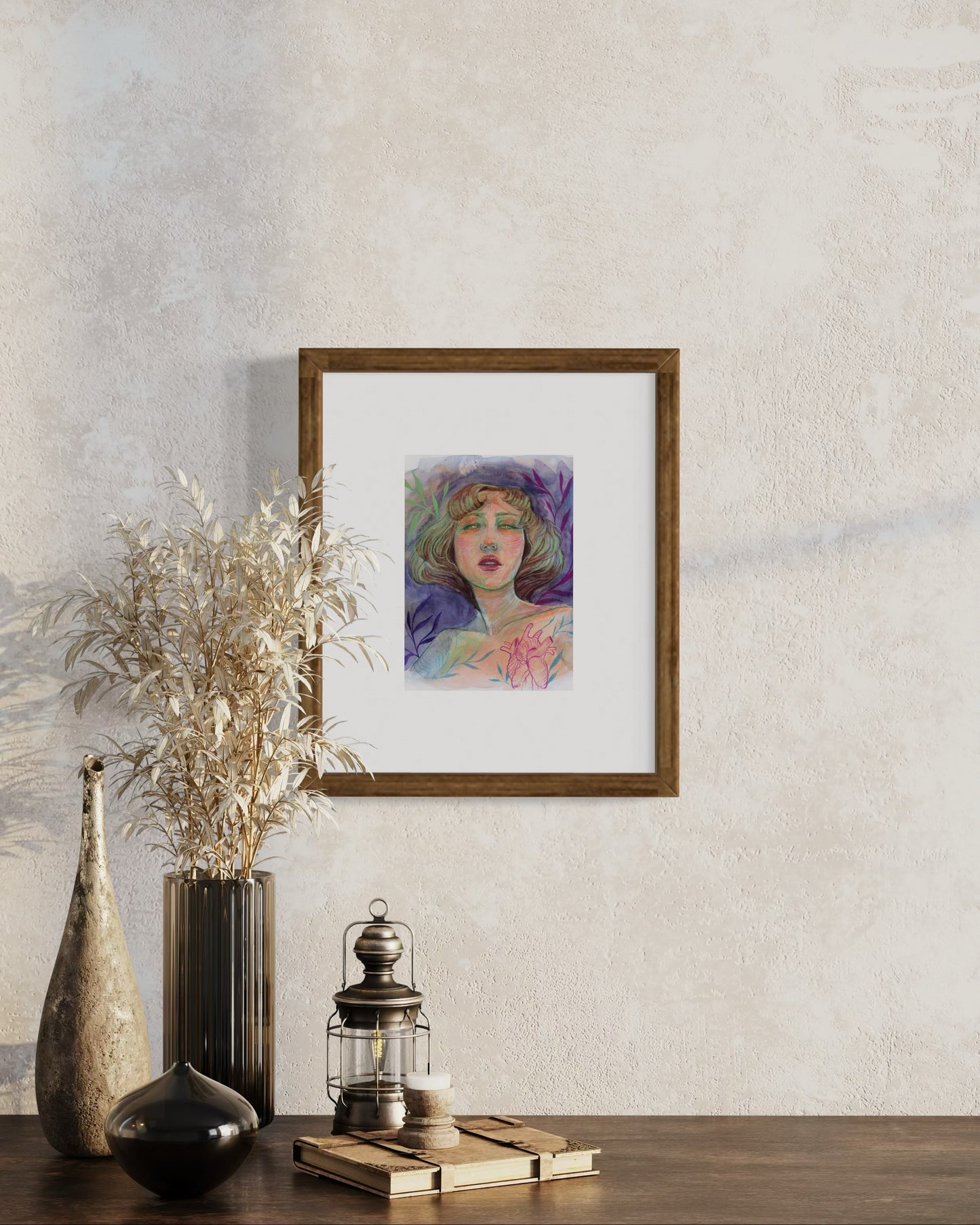 Violet Heart & Soul – Watercolor Art Print | Emotional Portrait with Anatomical Heart | Available in 5x7, 8x8
