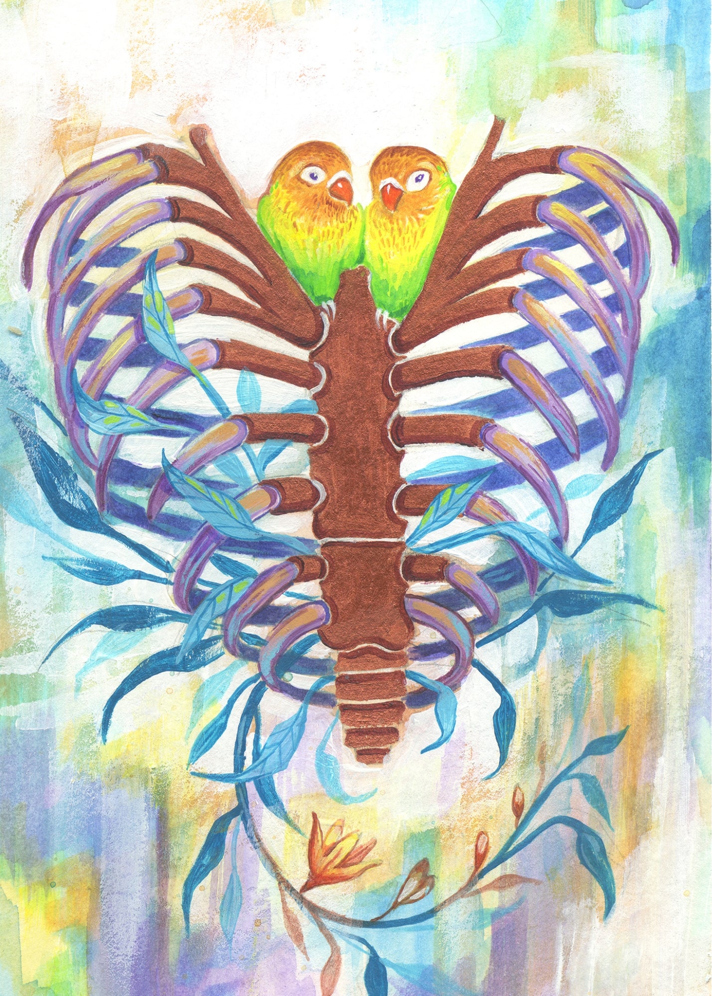 Lovebirds in a Ribcage – Watercolor Art Print | 5x7 Anatomical Nature Painting | Surreal Romantic Wall Art