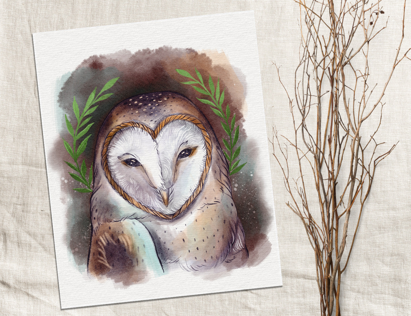 Mystic Barn Owl – Digital Art Print | Whimsical Forest Owl Illustration | Available in 5x7, 8x10, 11x14