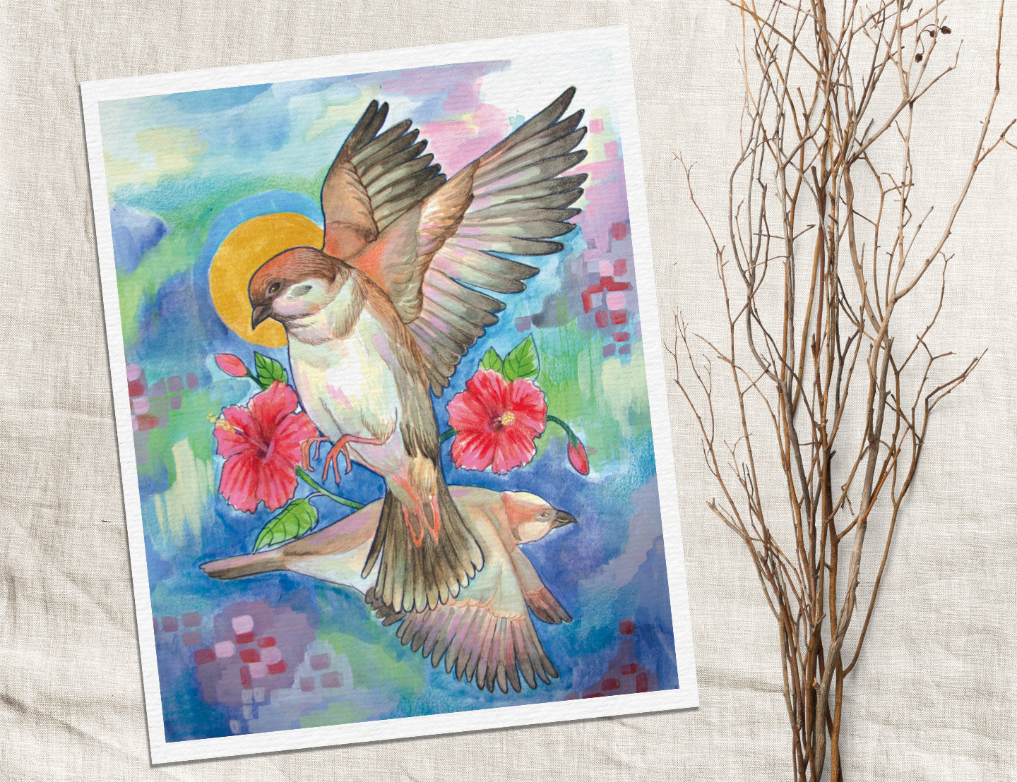 Hibiscus Flight – Watercolor Art Print | Colorful Birds with Tropical Flowers | Available in 5x7, 8x10, 11x14