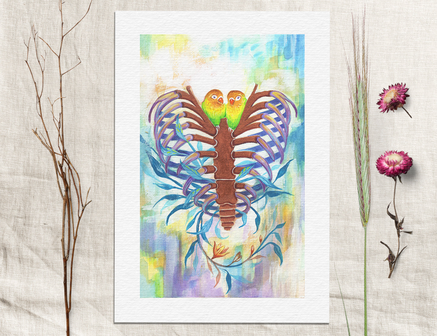 Lovebirds in a Ribcage – Watercolor Art Print | 5x7 Anatomical Nature Painting | Surreal Romantic Wall Art
