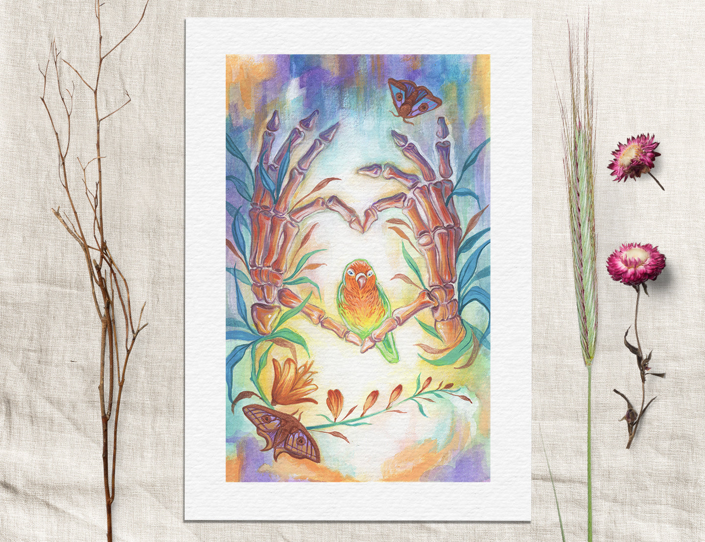 Skeleton Hands Heart with Lovebird – Watercolor Art Print | 5x7 Anatomical Nature Wall Art | Romantic Surreal Decor
