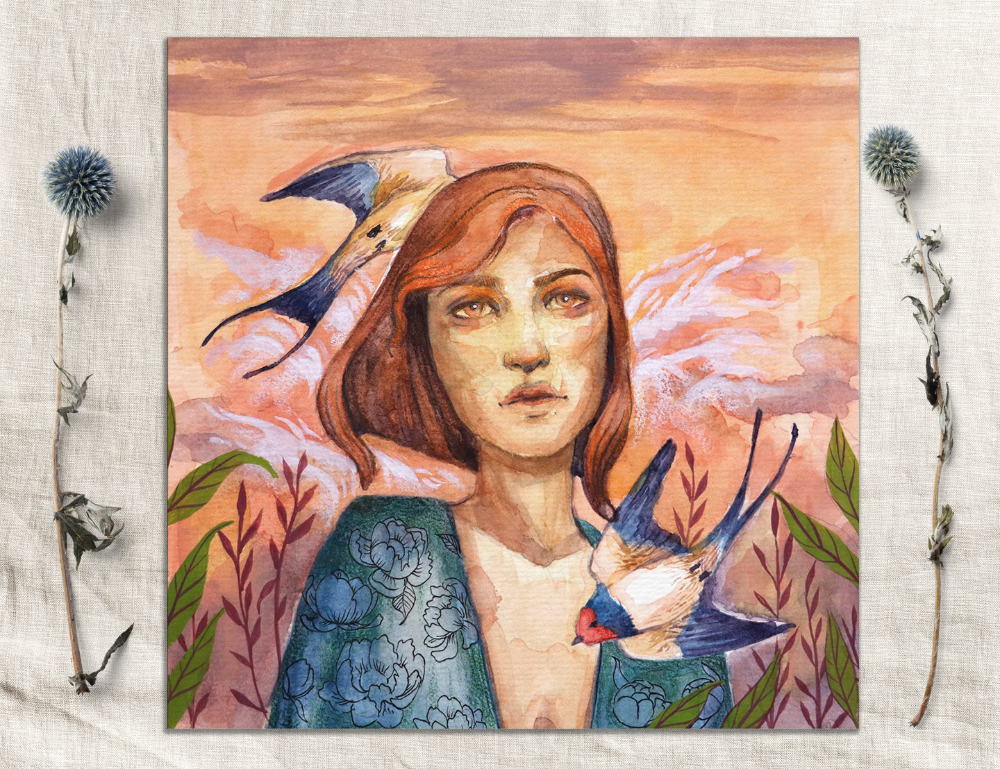 Woman with Swallows birds– Watercolor Art Print | Emotional Portrait with Birds & Floral Kimono | Available in 5x7, 8x10, 11x14